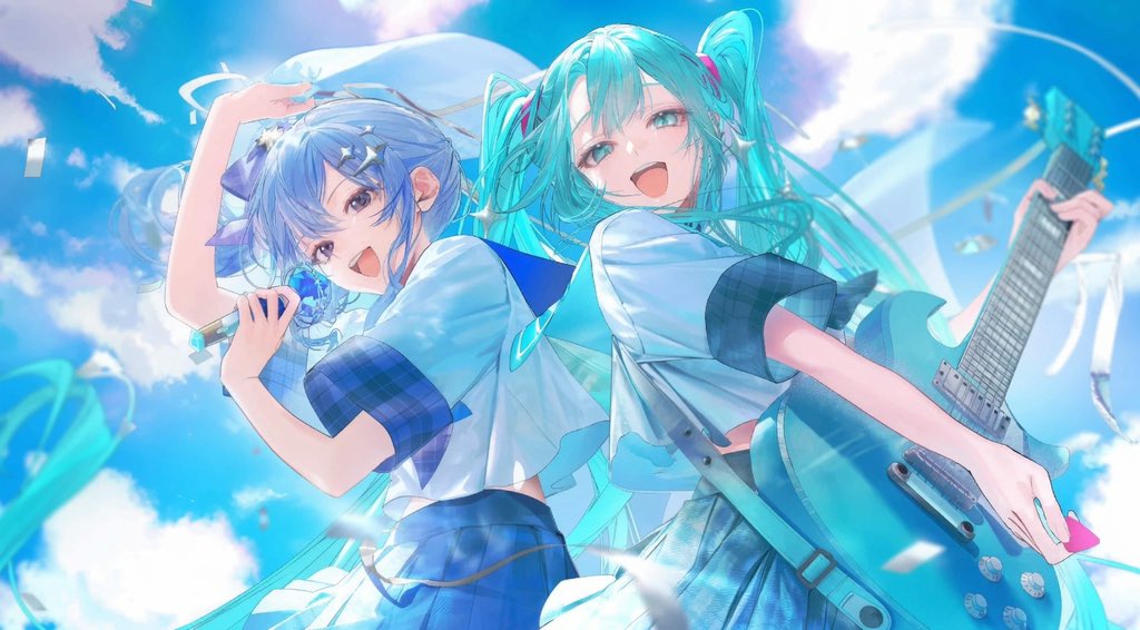 pasido369's tweet photo. 星街すいせい × 初音ミク 
by #Grok  
擬真人物版。
新產品的宣傳海報（已移除所有文字內容）於留言處分享。
.
#AIart #AI跑圖 
#AIイラスト
#星街すいせい #初音ミク 
#Vtuber https://t.co/EKJAfznMyg