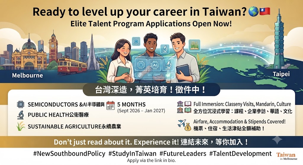 TaiwanMelbourne's tweet photo. Want to study semiconductors, climate tech, or public health in the heart of Asia? 🌏💡

MOFA’s Elite Talent Program is now open for students from Australia! 5 months of hands-on learning, culture, and industry exposure in Taiwan—with airfare and stipends included.

Want the inside track on programs connecting Taiwan to the world? Follow us for the best opportunities to grow your global network. 🚀✨

#StudyInTaiwan #GlobalLeaders #Taiwan #Tech #FutureReady #TeamTaiwan

Source: @TaiwanAustralia