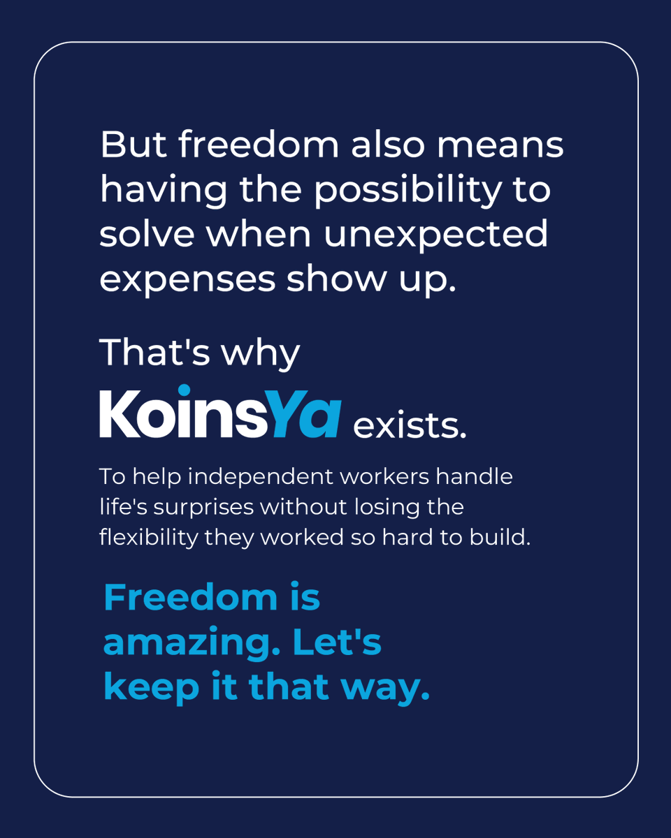 KoinsYa's tweet photo. One of the best things about being independent is freedom.

But with that freedom comes responsibility. 

Koinsya helps independent workers access merchant cash advances, so you can keep your focus on what matters most: your freedom, your work, and your goals. https://t.co/HvFopUUGsq