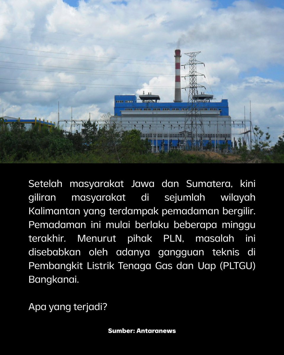 NarasiNewsroom's tweet photo. Setelah masyarakat Jawa dan Sumatera, kini giliran masyarakat di sejumlah wilayah Kalimantan yang terdampak pemadaman bergilir. Pemadaman ini mulai berlaku beberapa minggu terakhir. Menurut pihak PLN, masalah ini disebabkan oleh adanya gangguan teknis di Pembangkit Listrik Tenaga Gas dan Uap (PLTGU) Bangkanai.

Apa yang terjadi? Simak selengkapnya hingga slide terakhir.

| Narasi Daily