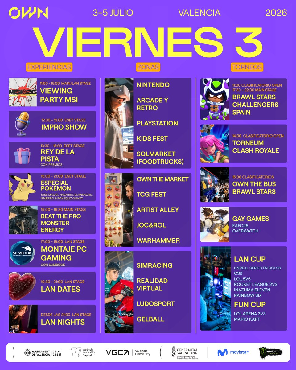 OpenWorldNowcom's tweet photo. ¡Empieza la edición MÁS GRANDE de OWN VALENCIA! 🎉

Gaming, experiencias, creadores y 3 días para vivirlo al máximo. Como siempre, de la mano de @movistar_es  como Main Partner del evento 💥

Preparaos, porque esta edición va a ser HISTÓRICA.

Imprescindibles de hoy: no os podéis perder Brawl Stars Challengers Spain, el Especial Pokémon durante toda la tarde en el ESET Stage o el Beat the Pro de Monster Energy (Call of Duty) en el Main Stage a las 15h 😎