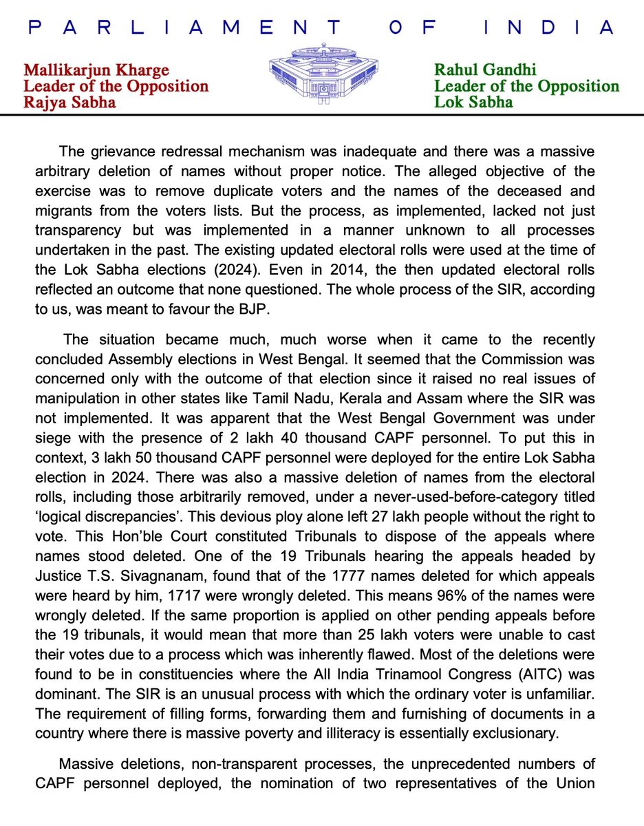 LiveLawIndia's tweet photo. 23 Opposition parties write to CJI Surya Kant (and other #SupremeCourt judges) expressing concern about the #electoral process in India

The parties call into question the Special Intensive Revision (#SIR) exercise and claim the results of recent elections did not reflect 'will of the people'

The letter, addressed by 'like-minded parties opposing BJP', alleges that agencies like ED, CBI and NIA are used to 'target' opposition and bring down elected govts

It further calls for consideration of bringing back paper ballot voting system wherever appropriate.

@INCIndia @arivalayam @AITCofficial @MamataOfficial @RahulGandhi @kharge