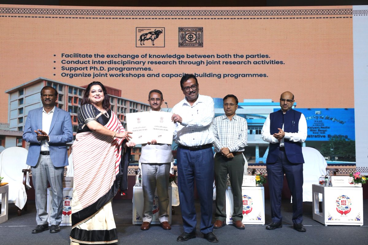 ZoologicalI's tweet photo. 4 new alliances, 1 mission: At #ATS2026 Valedictory, #ZSI formalised MoUs with #CMLRE, #UniversityofKalyani, #SISTChennai & #AnSI to advance research in marine #biodiversity, #taxonomy, #conservation, DNA barcoding & #academic exchange through institutional synergy.
#MoEFCC https://t.co/GdWzf91INX