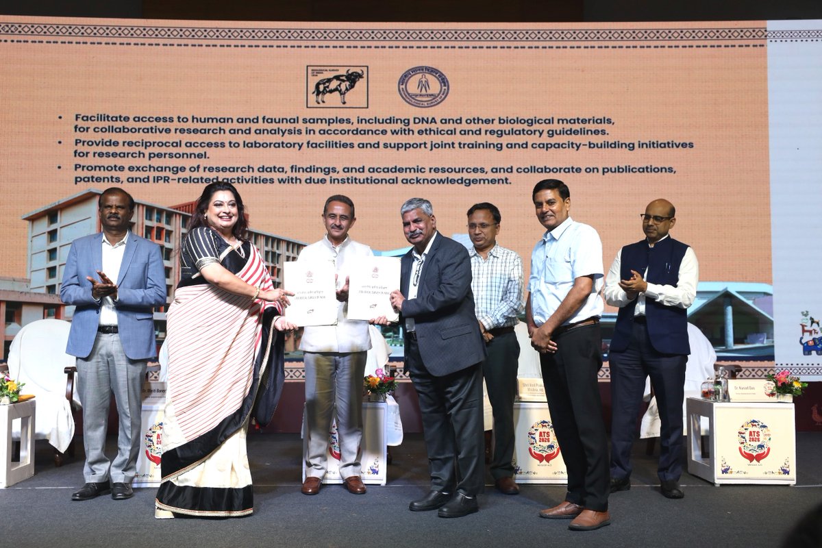 ZoologicalI's tweet photo. 4 new alliances, 1 mission: At #ATS2026 Valedictory, #ZSI formalised MoUs with #CMLRE, #UniversityofKalyani, #SISTChennai & #AnSI to advance research in marine #biodiversity, #taxonomy, #conservation, DNA barcoding & #academic exchange through institutional synergy.
#MoEFCC https://t.co/GdWzf91INX
