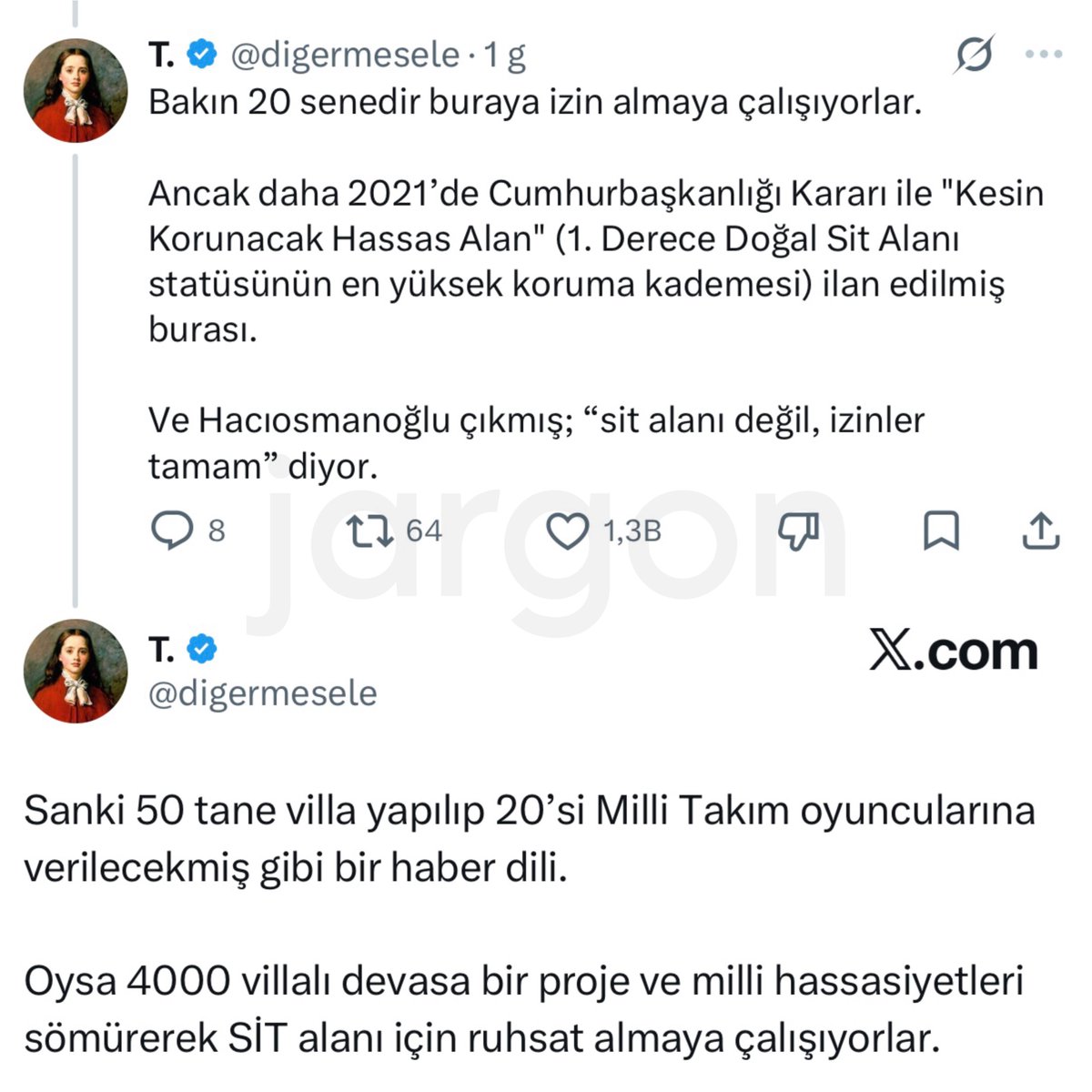 ajansJargon's tweet photo. Bir x kullanıcısı, TFF Başkanı Hacıosmanoğlu’nun futbolculara hediye edeceği villaların arkasındaki gerçeği paylaştı:

“TFF başkanı, ‘en yüksek koruma statüsündeki SİT alanı’ ilan edilen Bargilya Sulak Alanı’na 4000 villa dikmek için resmen Milli Takımı kullanıyor.” https://t.co/qyaOmYJRk5