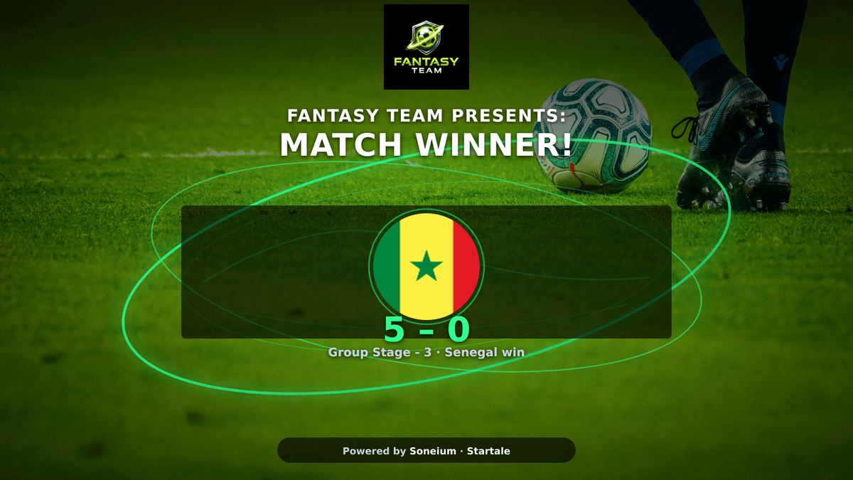 fantasyteamio's tweet photo. FULL-TIME! 🔥 Senegal DEMOLISH Iraq — 5–0! 🇸🇳
A statement win in Group Stage - 3. Iraq had no answers.
FantasyTeam points are LIVE — check your squad now. ⚽
Lock your XI for the next one.
#WorldCup2026 #FantasyTeam #Football #Soneium #Startale #Senegal https://t.co/nELmtix71r
