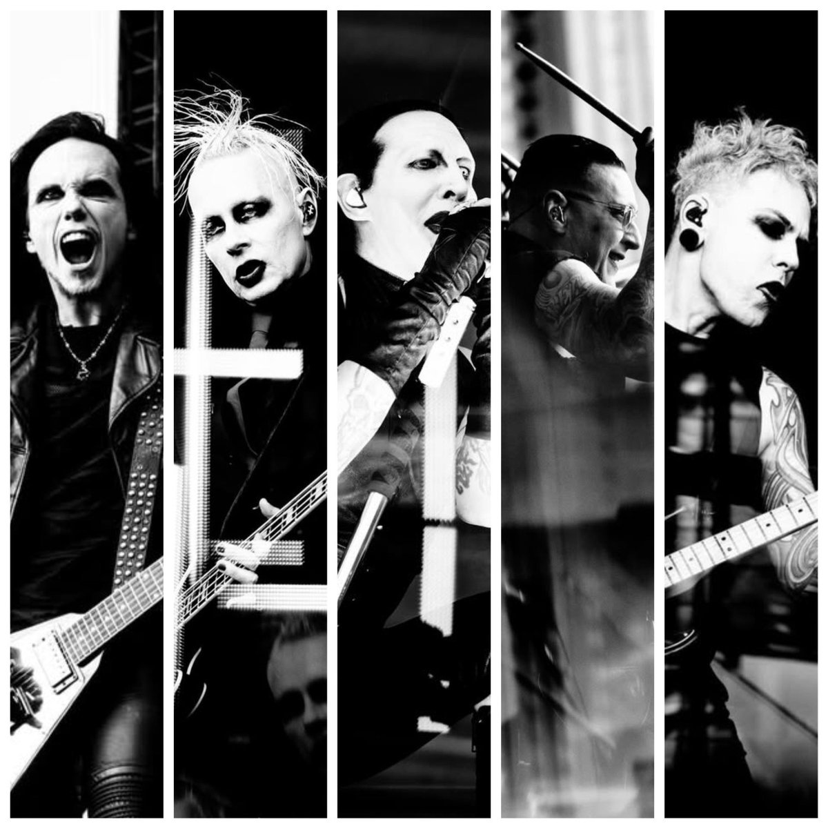 mansonfan_jpn25's tweet photo. マンソン・バンド最新フォーメーションがコチラ！
《L→R》
①ピギーD(ギター/元Rob Zombie他)
②ティム・スコルド(ベース/元KMFDM他)
③マリリン・マンソン(ボーカル)
④ギル・シャローン(ドラム/元The Dillinger Escape Plan)
⑤ニック・アニス(ギター/元Black Light Burns)
📸Jim Louvau https://t.co/2r4BhTcJ4w