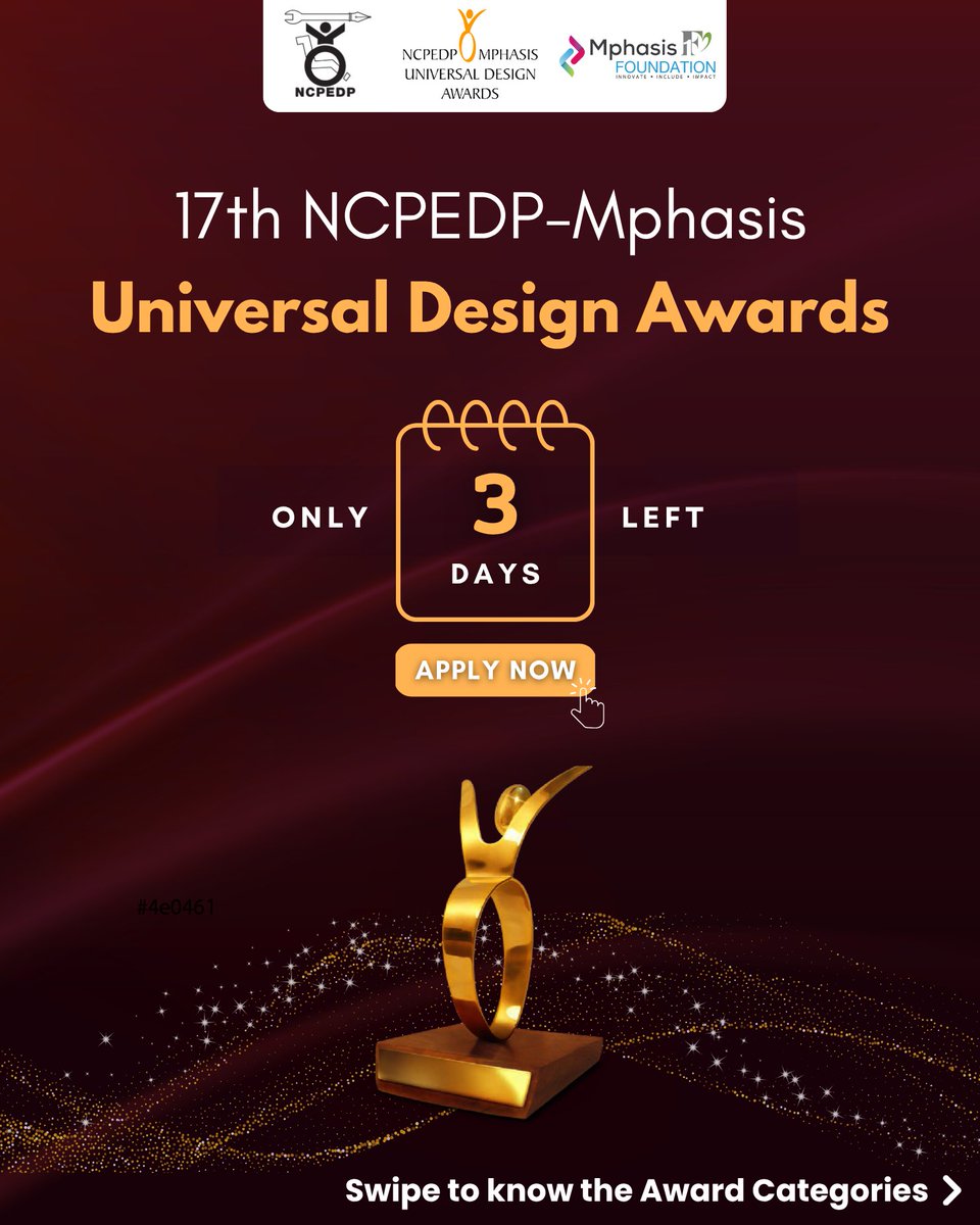 ncpedp_india's tweet photo. 3 days left to apply for the 17th NCPEDP– @Mphasis Universal Design Awards 2026.

The Awards recognise persons with disabilities, working professionals, companies, organisations and policy advocates advancing accessibility and Universal Design in practice. If your work is helping make spaces, services, technologies, products, systems or policies more accessible and inclusive, apply or nominate relevant work.

Apply here: https://t.co/rIKE9Fp5J1

To understand the Awards better, you can also watch our recent conversation with past UDA awardees, where they shared what Universal Design looks like in practice:
https://t.co/n4EGXS6JLl

Last date to apply: 6 July 2026
For queries: uda.ncpedp@gmail.com | +91-9217345677

@MSJEGOI @socialpwds @MSJE_AIC @armanaly @GoI_MeitY @pib_MoSJE @FollowCII @ficci_india @ASSOCHAM4India @Office_of_CCPD 

#UDA2026 #UniversalDesign #Accessibility #InclusiveInnovation #NCPEDP #Mphasis