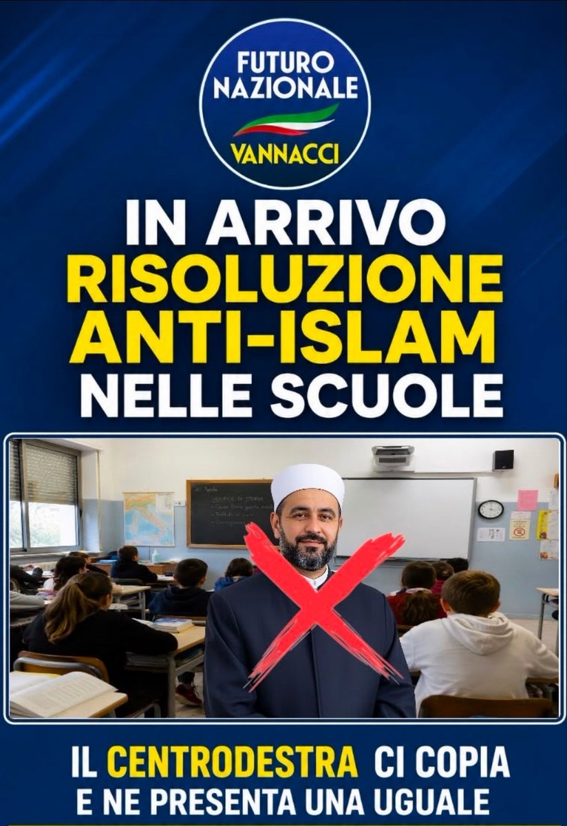 roxsasso's tweet photo. Quando le idee sono forti, in questo caso quelle del Generale Vannacci, finiscono per orientare il dibattito politico ed è esattamente ciò che sta accadendo anche sulla scuola.
La scuola deve rimanere un luogo di istruzione senza lasciare spazio a forme di propaganda ideologica e filo-islamica. In questi mesi abbiamo denunciato numerosi episodi, dall’imam invitato in classe a leggere versetti del Corano, fino all’utilizzo di spazi scolastici come luoghi di preghiera durante il Ramadan, per non parlare della chiusura di scuole pubbliche italiane per il ramadan! 
A distanza di un anno dalla presentazione della risoluzione depositata nel giugno 2025 in Commissione Cultura della Camera a mia firma, il Ministero dell’Istruzione e del Merito ha avviato una ricognizione sulle attività legate alla diffusione e alla propaganda dell’islam nelle scuole italiane. 
Futuro Nazionale apre la strada, il Governo si muove e il centrodestra ci copia.
Bene! 
Dopo aver inizialmente osteggiato la nostra proposta, anche un partito del centrodestra moderato ha depositato una risoluzione dai contenuti analoghi, chiedendone l’abbinamento alla nostra. 
È la conferma che Futuro Nazionale detta l’agenda politica sui temi dell’identità nazionale, anche a scuola.
Ora però chiediamo al centrodestra moderato, pavido e anche un po' scopiazzatore di votare in fretta la nostra risoluzione: a settembre non vogliamo più imam in classe e scuole trasformate in moschee.
