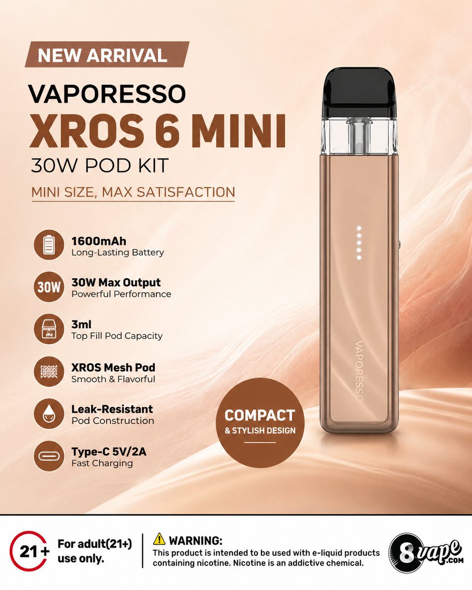 EightVape's tweet photo. π₯ NEW ARRIVAL
The Vaporesso XROS 6 Mini 30W Pod Kit is here!
π 1600mAh Battery
β‘ Up to 30W Output
π¨ 3ml 0.6Ξ© XROS Mesh Pod
π Leak-Resistant Design
π USB-C Fast Charging
Shop nowπ
https://t.co/VqV0ECyR8t
#EightVape #Vaporesso #XROS6Mini #PodKit https://t.co/2idHX0wlG1