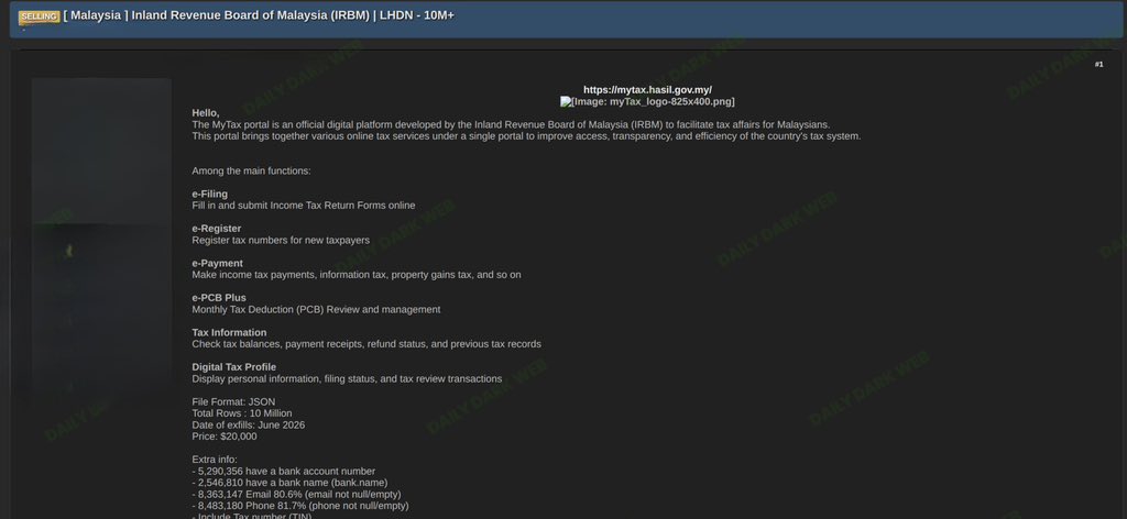 DailyDarkWeb's tweet photo. 🇲🇾 A threat actor is advertising the alleged sale of data belonging to Malaysia's Inland Revenue Board (IRBM/LHDN) through the MyTax portal.

According to the post, the dataset allegedly contains:
* Over 10 million records
* Tax Identification Numbers (TINs)
* Personal profile information
* Tax filing and payment history
* Bank account details
* Email addresses
* Phone numbers
* JSON-formatted data

The seller claims the data was exfiltrated in June 2026 and is offering the dataset for $20,000.

At the time of writing, the authenticity of the dataset and the claimed compromise have not been independently verified.

Analyst Note: Tax records are among the most valuable forms of personal data for cybercriminals. If authentic, the combination of financial information, contact details, and taxpayer identifiers could enable identity theft, tax refund fraud, financial scams, and highly targeted phishing campaigns.

#DDW #DarkWeb #Intelligence #Malaysia