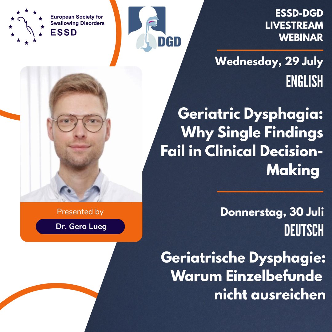 _ESSD_'s tweet photo. The next #ESSD-#DGD joint webinar will be presenetd by Dr. Gero Lueg, on "#Geriatric Dysphagia: Why Single Findings Fail in Clinical Decision-Making". 

📆: 29 July (English) &amp; 30 July  (German) at 18:30 CEST

🔗: https://t.co/6O5pOi5z90
🔗 (German): https://t.co/E4AW75bd26 https://t.co/JD2Zc9pRe1