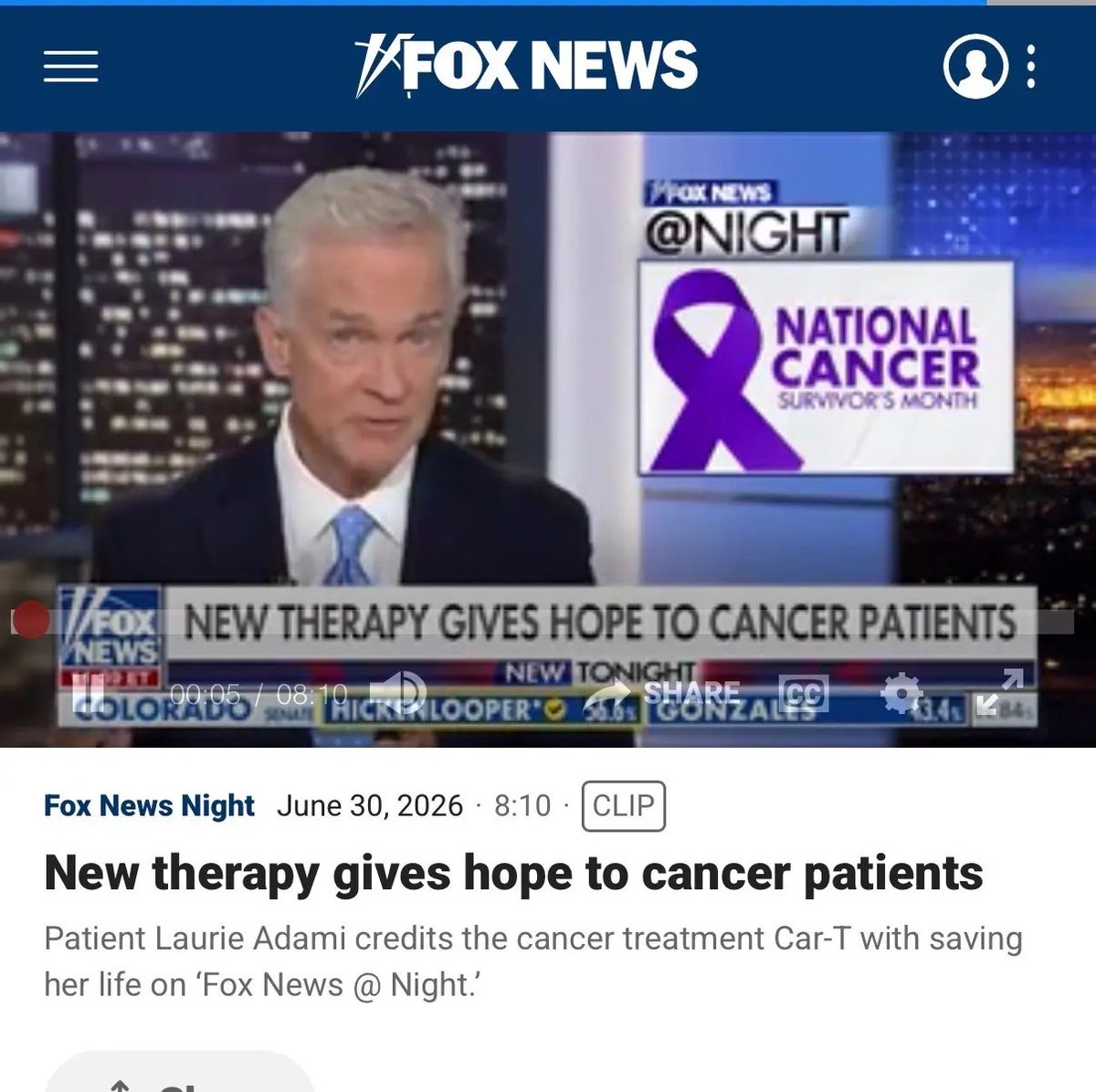 gainzalgo's tweet photo. $IBRX big mainstream attention here. Fox News highlighted CAR-T/cell therapy after a patient said it saved her life following 12 years of illness. cancer treatment is entering a very different era. https://t.co/leDVvoV5On