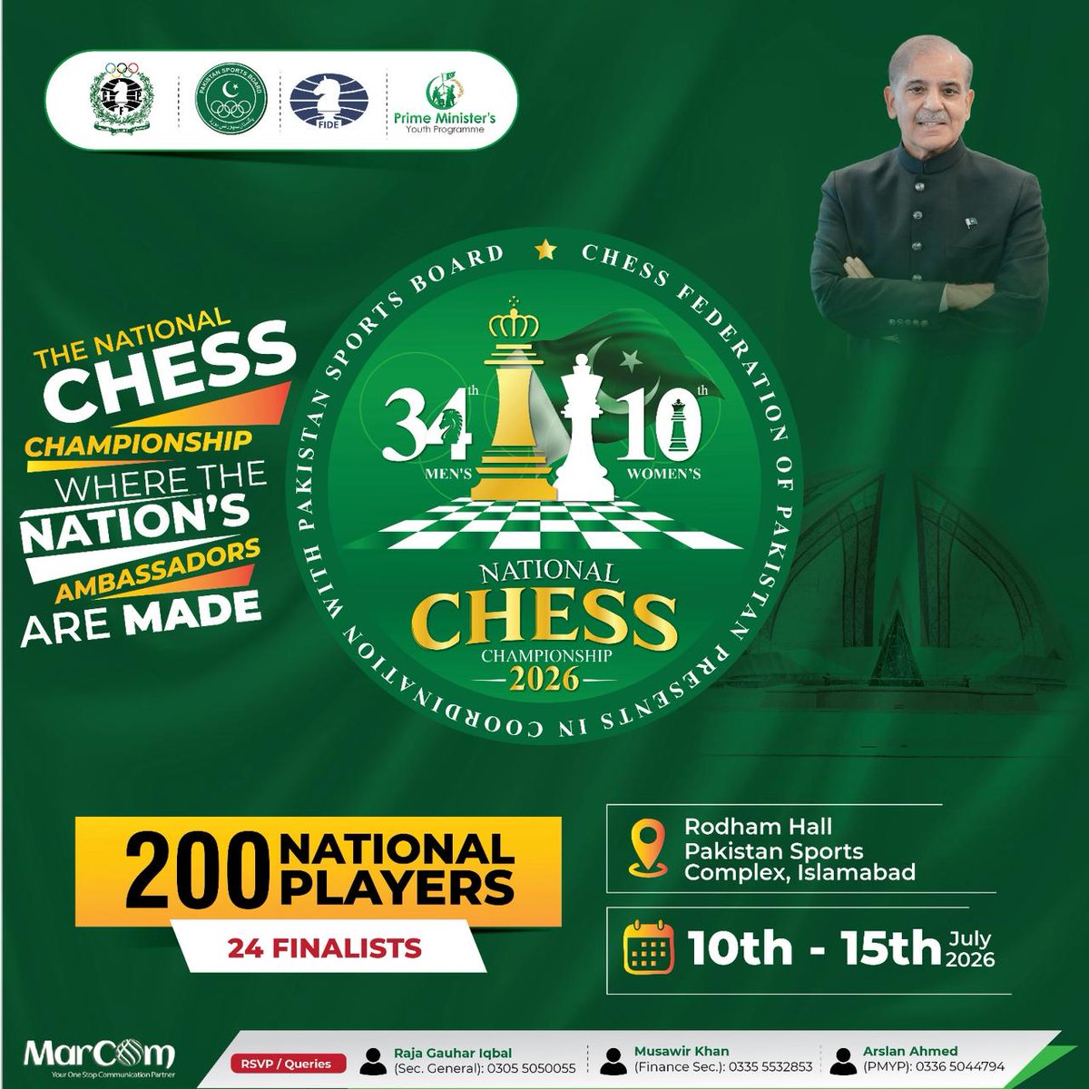 PMsYouthProgram's tweet photo. The Chess Federation of Pakistan, in collaboration with the Prime Minister's Youth Programme and the Pakistan Sports Board proudly presents the National Chess Championship 2026.

📅 10–15 July 2026
📍 Pakistan Sports Complex, Islamabad

#PMYP #ChessPakistan https://t.co/0CsRaOHD8U