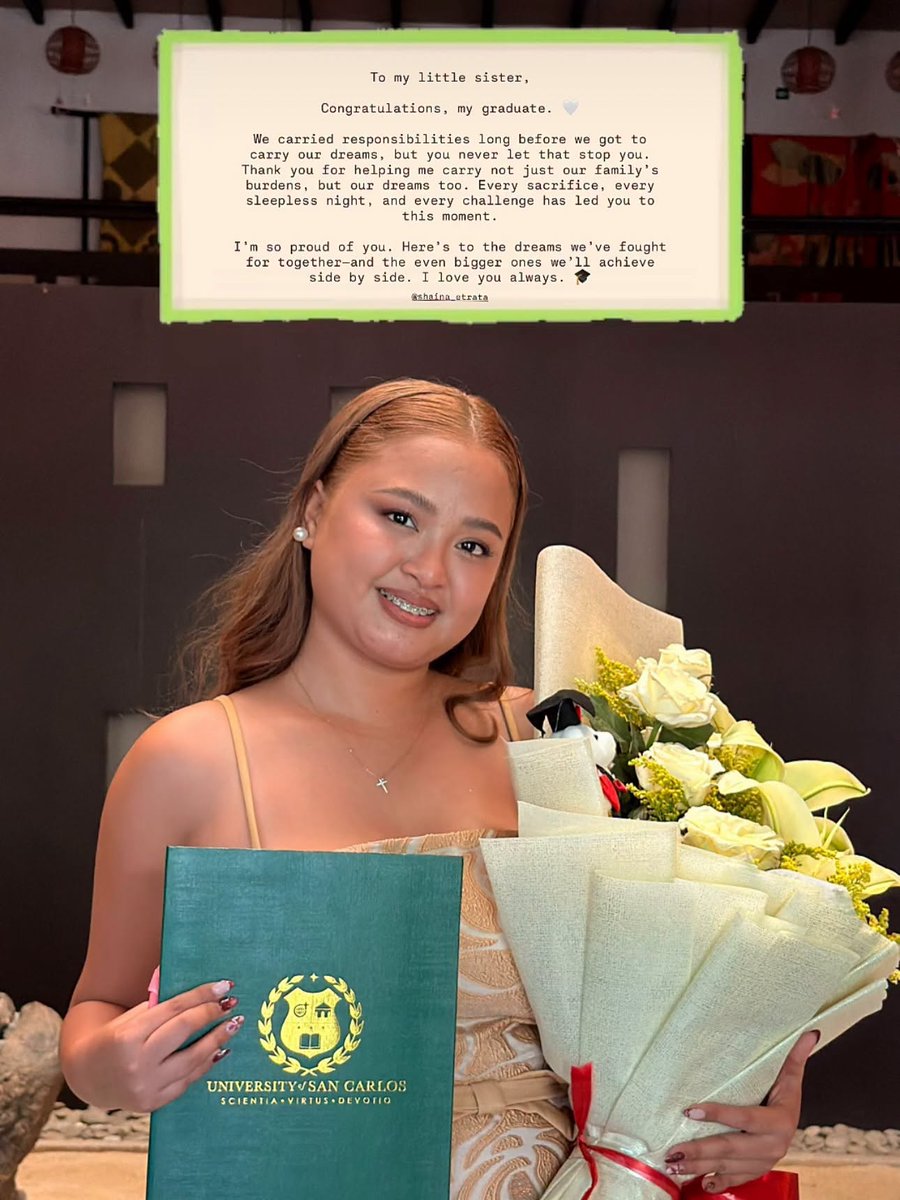 cebudailynews's tweet photo. SHUVEE AS A PROUD SISTER 🎓

LOOK: Cebuana actress and Pinoy Big Brother alum Shuvee Etrata pens a heartfelt message for her sister, Shaina, who recently became the first college graduate in their family.

“I’m so proud of you,” part of Shuvee’s message reads. “Here’s to the dreams we’ve fought for together and the even bigger ones we’ll achieve side by side. I love you always,” | 📷: Sparkle GMA Arist Center/Facebook #CDNDigital