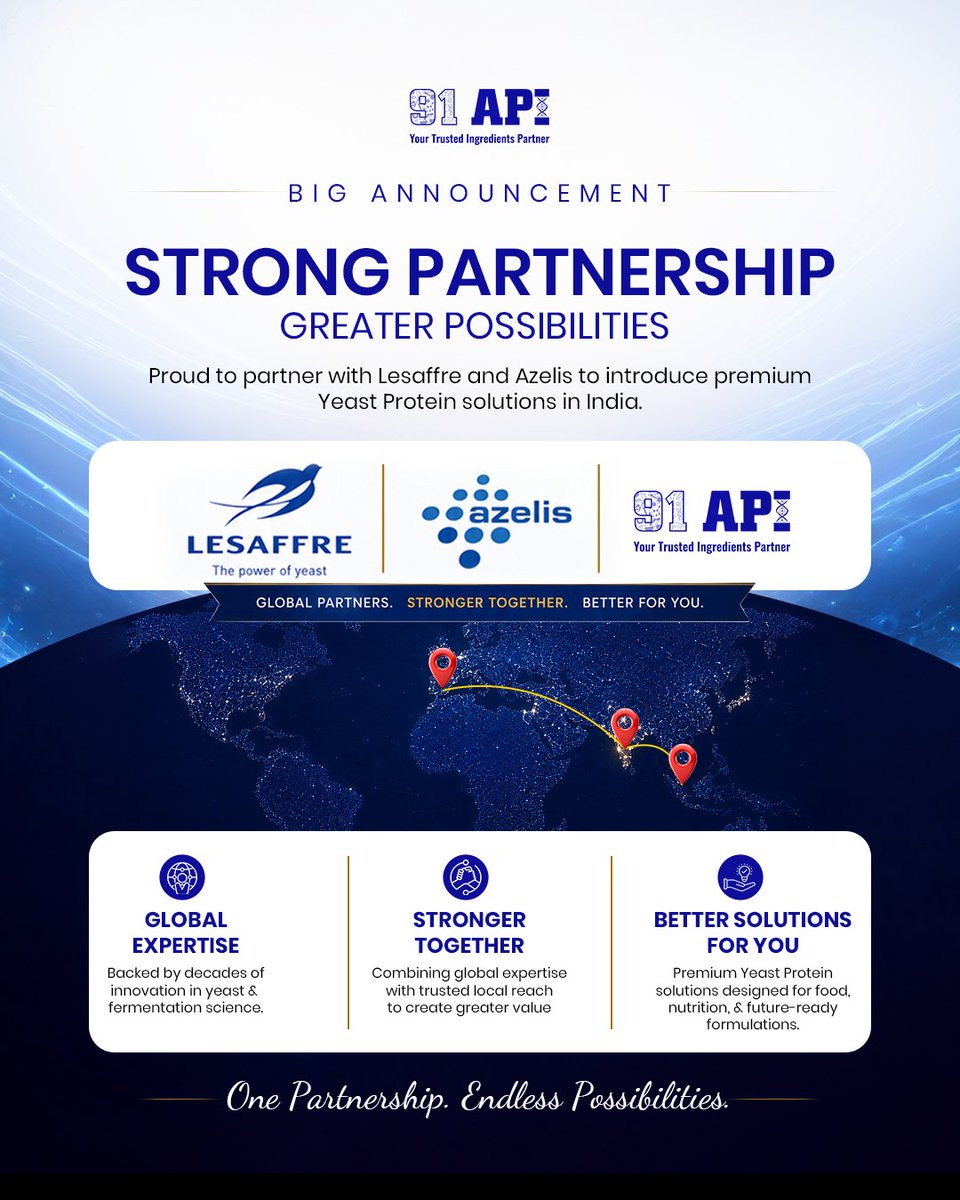 the91Api's tweet photo. Big news for India's nutrition space.

91API is partnering with @Lesaffre_Group  and @azelisgroup  to bring premium Yeast Protein solutions into the Indian market.

#91API #Lesaffre #Azelis #YeastProtein #FoodIngredients https://t.co/4zxEhwDJ8j