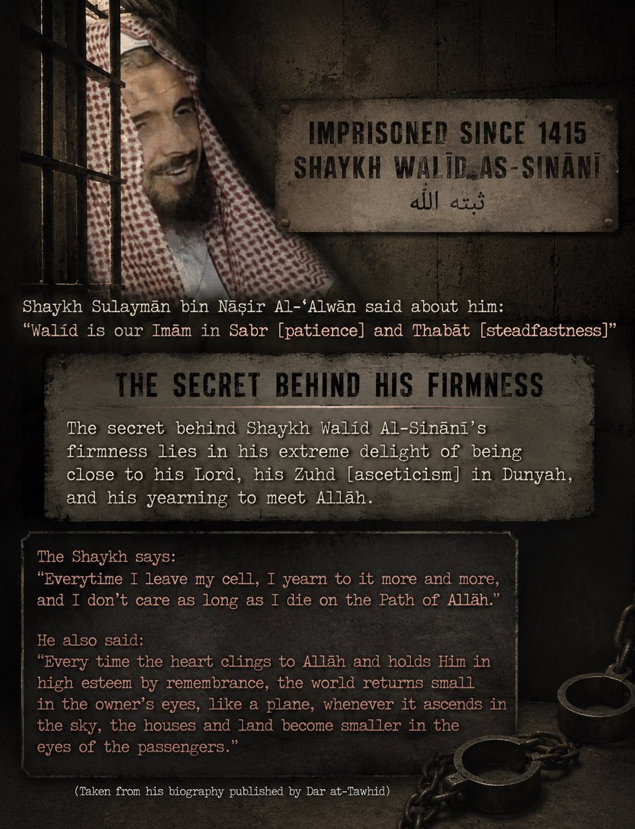 6uj4na_'s tweet photo. For the pleasure of a Lord, 
Mighty and Generous, 
The Prisons come Perfumed 
And the Bitter become Sweet.

#FreeShaykhWalidAISinani
#imamOfThabatAndSabr https://t.co/8ScxHJr29U