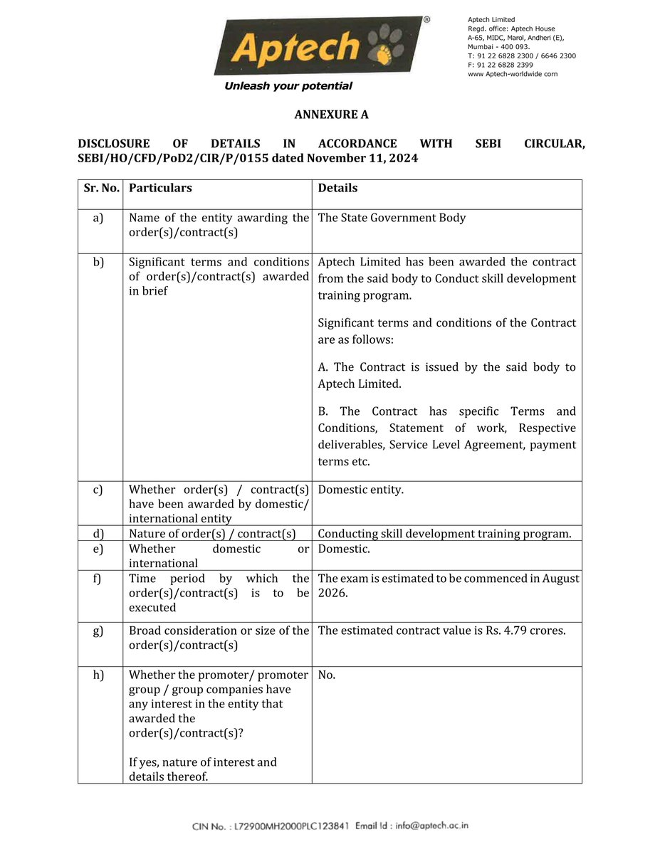 stocknewslatest's tweet photo. #APTECHT Aptech Limited announced it has secured a work order from a State Government body to conduct a skill development training program. The contract is valued at Rs. 4.79 crores and is estimated to commence in August 2026. This disclosure adheres to SEBI regulations. https://t.co/AXMl9yGHF4
