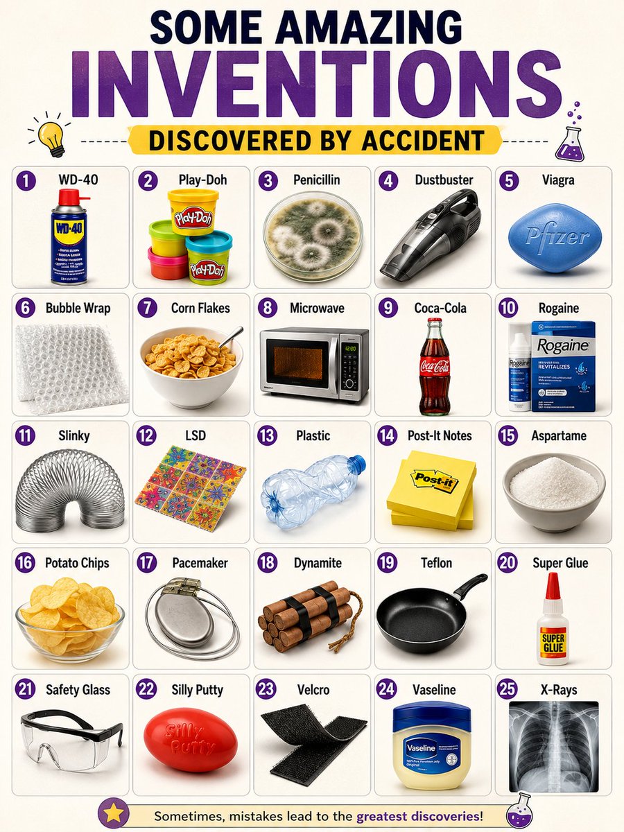 TheDataHubX's tweet photo. Some Amazing Inventions Discovered by Accident:
  
1. 🛠️ WD-40  
2. 🎨 Play-Doh  
3. 💊 Penicillin  
4. 🌀 Dustbuster  
5. 💙 Viagra  
6. 🎁 Bubble Wrap  
7. 🥣 Corn Flakes  
8. 🔥 Microwave  
9. 🥤 Coca-Cola  
10. 💇 Rogaine  
11. 🪀 Slinky  
12. 🌈 LSD  
13. 🧴 Plastic  
14. 📝 Post-It Notes  
15. 🍬 Aspartame  
16. 🍟 Potato Chips  
17. ❤️ Pacemaker  
18. 💥 Dynamite  
19. 🍳 Teflon  
20. 🧷 Super Glue  
21. 🥽 Safety Glass  
22. 🪁 Silly Putty  
23. 🔗 Velcro  
24. 🧴 Vaseline  
25. ☢️ X-Rays