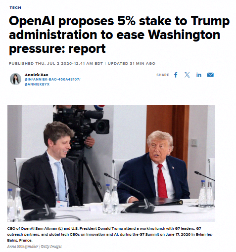 theHeavyEmpty's tweet photo. Breaking 🚨: OpenAI might hand over a 5% stake to the Trump administration 👀 With the company valued at $852 Billion, that chunk would be worth over $42 Billion 🤑 https://t.co/IpSk1dTRfB