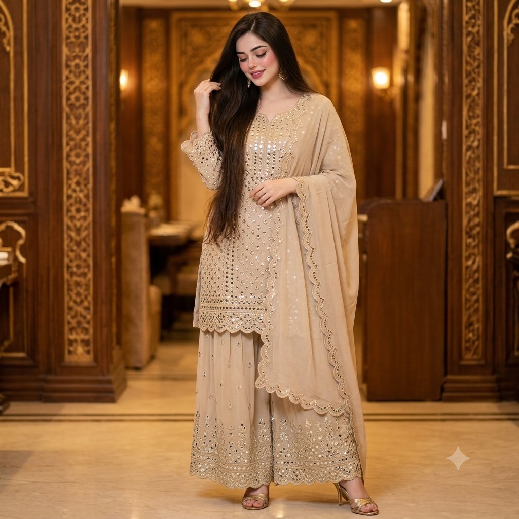 Elegant Mirror-Work Sharara Set Portrait