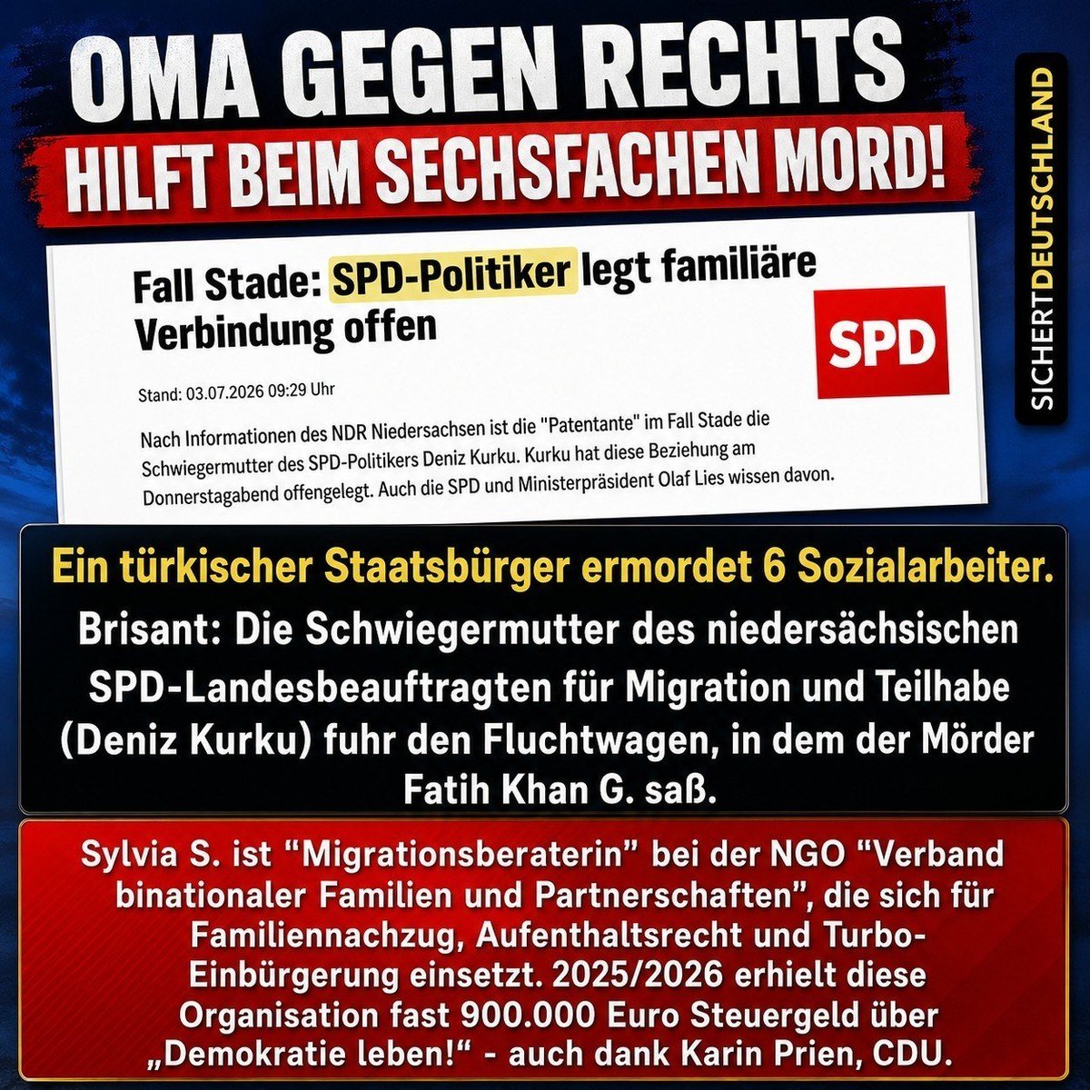 joerg_ralf's tweet photo. Oma gegen Rechts hilft beim sechsfachen Mord!

Sechs unschuldige Menschen verlieren ihr Leben und keiner spricht darüber.

Nachtrag: Der Täter ist ein mutmaßlich Pädokrimineller, der seine eigene Tochter sexuell missbraucht haben soll. https://t.co/sksiU4T5bd