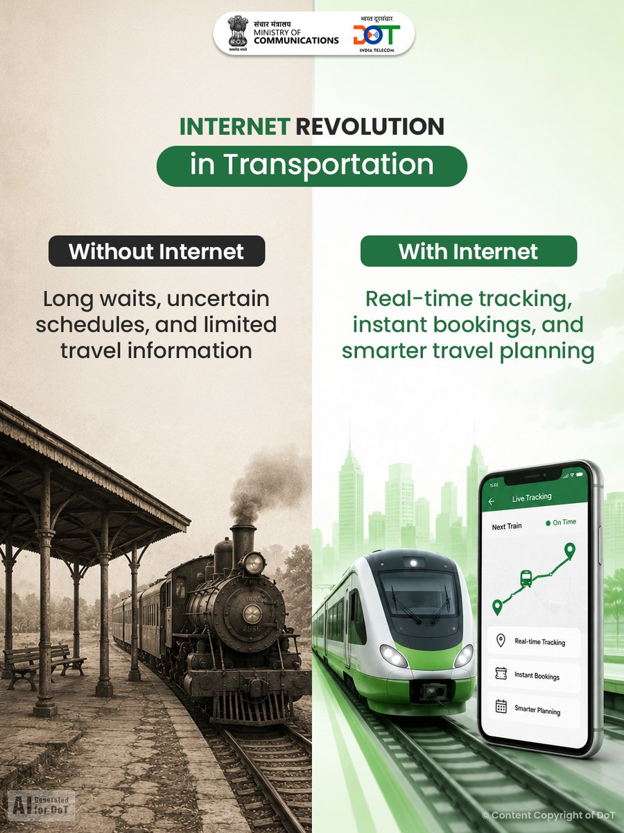 DoT_India's tweet photo. Internet Revolution is transforming transportation!

From long queues and uncertain schedules to real-time tracking, instant bookings, and seamless travel planning, digital connectivity is making every journey smarter, safer, and more convenient.

#DoT #Telecom #InternetRevolution #ConnectedIndia #SmartTransportation

@JM_Scindia @PemmasaniOnX @PIB_India @pib_comm @DDNewslive