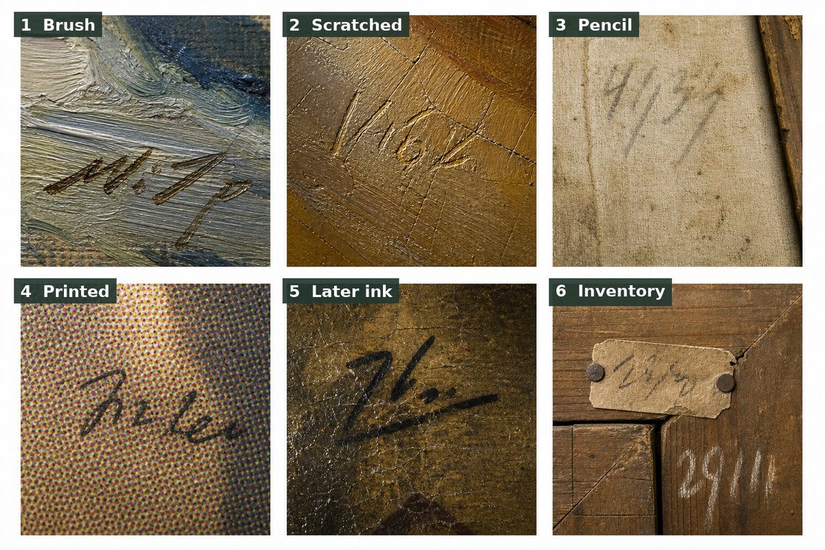 AndresGome64247's tweet photo. A difficult signature is not only a handwriting problem.

It is a material problem.

Brush, scratch, pencil, print, later ink, inventory mark.

Each one asks a different question.

Before reading the name, inspect how the mark was made. https://t.co/C54FNVFSow