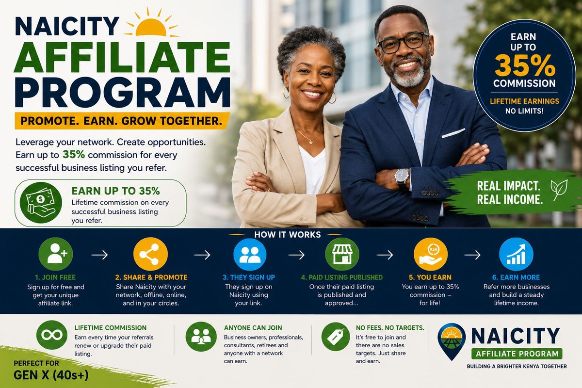 N_A_I_C_I_T_Y's tweet photo. Earn by introducing businesses to Naicity.

Know one nearby?

Learn more:

https://t.co/xHQ0NZfTxT

#NaicityAffiliateProgram #Naicity #AffiliateMarketing #ReferAndEarn #EarnWithNaicity #EarnOnline #SideHustle #PassiveIncome #BusinessListing #BusinessDirectory #SupportLocalBusiness #KenyaBusiness #Entrepreneur #UnlimitedEarnings #BuildingABrighterKenyaTogether