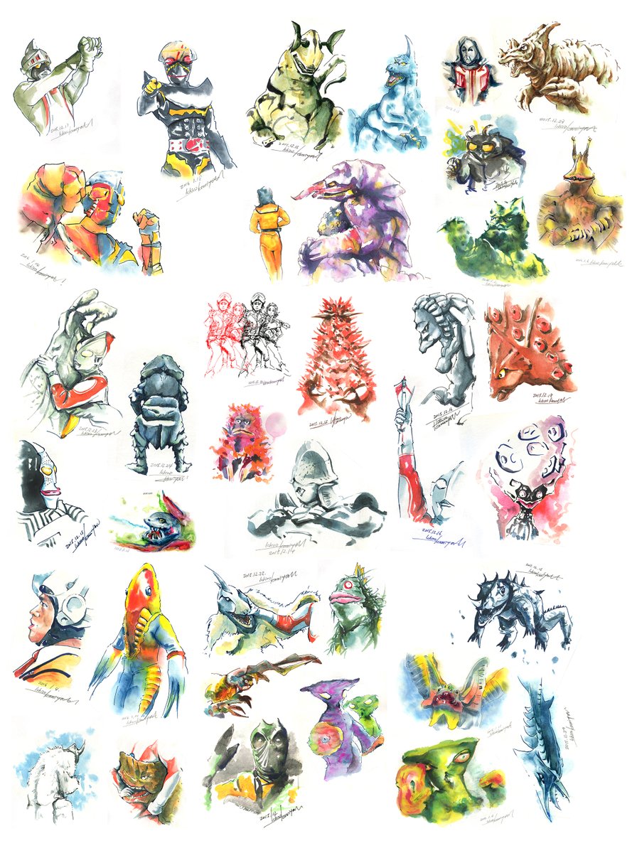Ichirosaa's tweet photo. 「2015年の怪獣の水彩画（習作）」
2013年、2014年、そして「2015年の怪獣の水彩画」と
『透明水彩絵具の練習」は続いた。

一番多く描いたのがこれ「怪獣の水彩画」
和紙に1,0の太い
ゲルボールペンでラインを描き
水彩で、塗った。

#怪獣 #水彩画　#イラスト #和紙  #にじみ https://t.co/J7SpfvFvAX