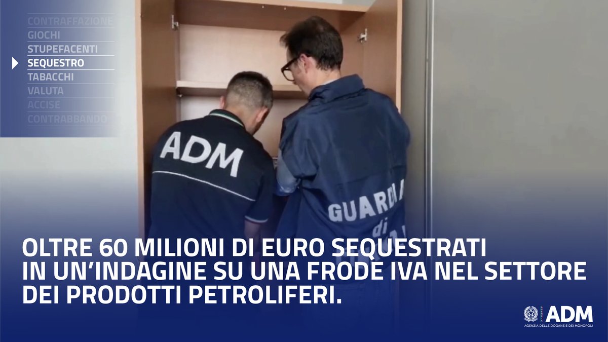 AdmGov's tweet photo. Oltre 60 milioni di euro sequestrati da #ADMgov e @GDF nell’ambito di un’indagine su una frode IVA nel settore dei prodotti petroliferi.

https://t.co/bGLVlzDQPl https://t.co/6Usg4DFmJa