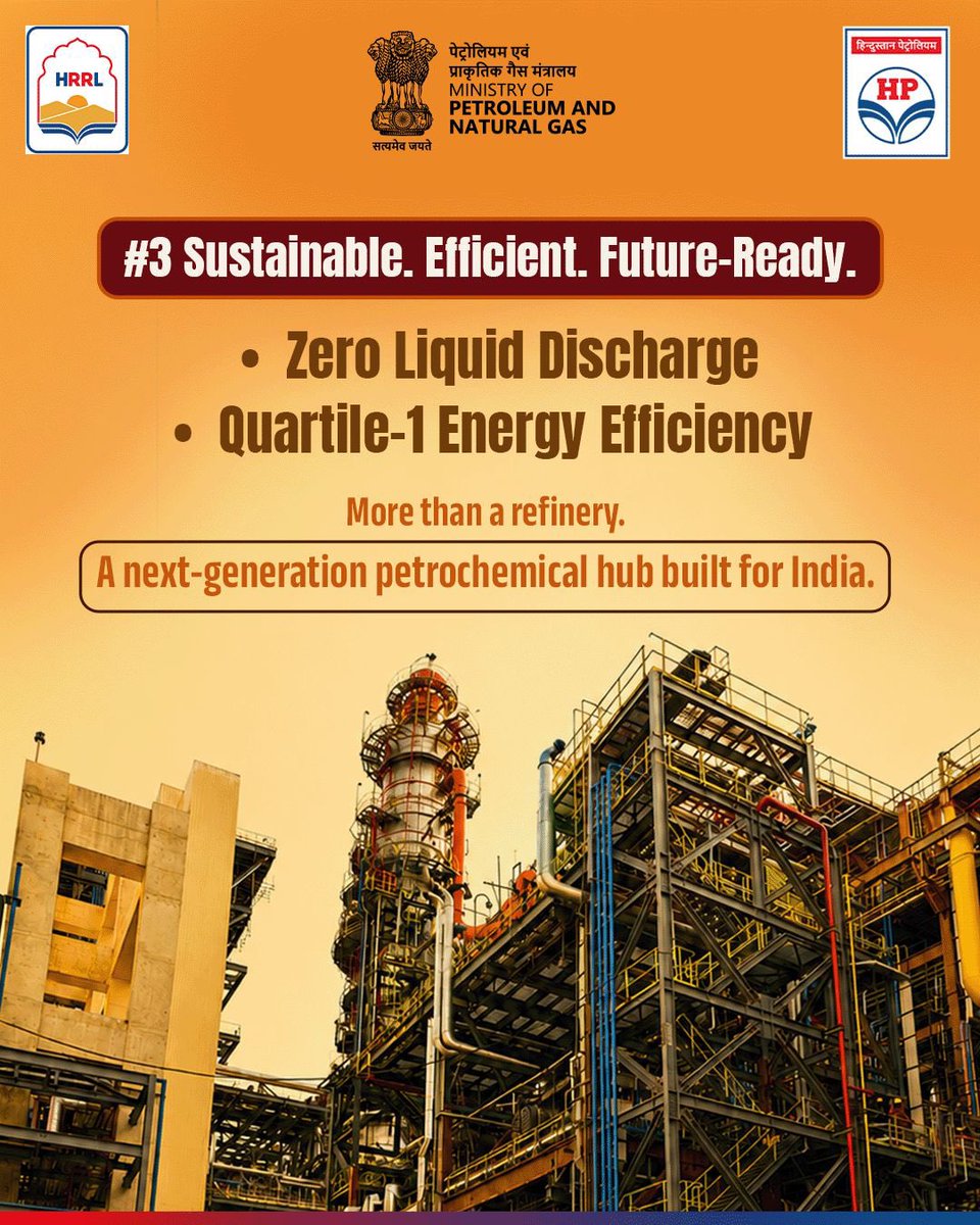 gailindia's tweet photo. Behind every growing economy is infrastructure that quietly powers progress.

HRRL is one of India’s most advanced refinery and petrochemical projects that brings together world-class technology, industry-leading petrochemical intensity, large-scale manufacturing, and sustainability under one vision.

Because India's future deserves infrastructure that's built to lead.

Swipe through to discover why HRRL is helping shape the future of India's energy and manufacturing ecosystem.

@HardeepSPuri @PetroleumMin @TheSureshGopi @Secretary_MoPNG

#JewelofRajasthan #HRRL #HPCLRajasthanRefinery #EnergyInfrastructure #EngineeringExcellence #Refinery #IndustrialGrowth #YearOfSustainableGrowth