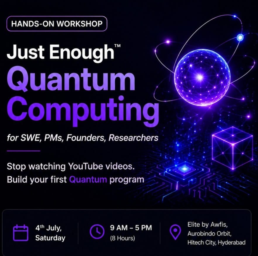 xaskdev's tweet photo. This Saturday, 4th July in Hyderabad I invite you to a 8 hours, in person workshop on "𝗝𝘂𝘀𝘁 𝗘𝗻𝗼𝘂𝗴𝗵 𝗤𝘂𝗮𝗻𝘁𝘂𝗺 𝗖𝗼𝗺𝗽𝘂𝘁𝗶𝗻𝗴 𝗳𝗼𝗿 𝗦𝗪𝗘, 𝗣𝗠𝘀 𝗮𝗻𝗱 𝗣𝗼𝘄𝗲𝗿 𝘂𝘀𝗲𝗿𝘀". feel free to DM for any questions

I was surprised by this - "IBM charges $96 per minute for a quantum computer on their cloud"

At 𝗫𝗮𝘀𝗸 𝗟𝗮𝗯𝘀, we want to be a deep tech startup,

We continuously learn, experiment on "shiny objects"
We love sharing this knowledge with like minded people ! 

𝗜𝘁 𝘄𝗶𝗹𝗹 𝗯𝗲 𝗮 𝗳𝘂𝗻 𝟴 𝗵𝗼𝘂𝗿𝘀 𝘄𝗶𝘁𝗵 𝗹𝗼𝘁 𝗼𝗳 𝗰𝗼𝗳𝗳𝗲𝗲 𝗮𝗻𝗱 𝗽𝗶𝘇𝘇𝗮, 
𝘄𝗲 𝘄𝗶𝗹𝗹 𝗴𝗼 𝗳𝗿𝗼𝗺 𝟬 𝘁𝗼 𝗿𝘂𝗻𝗻𝗶𝗻𝗴 𝗾𝘂𝗮𝗻𝘁𝘂𝗺 𝗰𝗶𝗿𝗰𝘂𝗶𝘁𝘀 𝗶𝗻 𝗮 𝘀𝗶𝗺𝘂𝗹𝗮𝘁𝗼𝗿 𝗼𝗻 𝘆𝗼𝘂𝗿 𝗹𝗮𝗽𝘁𝗼𝗽 / 𝗰𝗹𝗼𝘂𝗱 𝘄𝗶𝘁𝗵 𝗱𝗲𝗲𝗽 𝘂𝗻𝗱𝗲𝗿𝘀𝘁𝗮𝗻𝗱𝗶𝗻𝗴 𝗼𝗳 𝘁𝗵𝗲 𝗯𝘂𝘇𝘇 𝘄𝗼𝗿𝗱𝘀.

https://t.co/A3XmD5qre7

𝗢𝘂𝘁𝗰𝗼𝗺𝗲𝘀 
- Understand exactly what Qubit, Superposition, Entanglement mean

- Build and run Quantum gates, Quantum circuits in a simualtor on your laptop

- We use Qiskit, Cirq, Q#

- Understand exactly what Quantum Computers can speed up and what it cannot

- Know current state of the art Quantum Computers that exist today by Google, IBM, Microsoft

- Google's goal - a 1 million qubit Quantum Computer

- What is this Quantum Advantage, Supremacy

See you there !