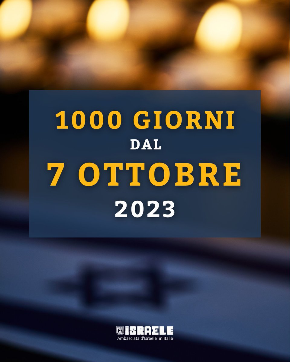 IsraelinItaly's tweet photo. La giornata di ieri ha segnato 1.000 giorni da quel tragico 7 Ottobre 2023.

Quel giorno, alle 6:29 del mattino, Hamas ha invaso il sud di Israele, massacrato oltre 1.200 persone e rapito centinaia di uomini, donne e bambini, portandoli a Gaza e rinchiudendoli nei tunnel. I terroristi hanno creduto di poter spezzare Israele.

Si sbagliavano.

Da quel giorno Israele ha scelto di reagire ricostruendo ciò che il terrorismo aveva cercato di distruggere: ha dato sostegno alle sue comunità, ripiantato i campi, riaperto le scuole, creato nuove imprese, rilanciato il turismo, fatto progredire la ricerca, curato i malati, creato arte e celebrato la vita.

All'odio ha scelto di rispondere con la resilienza. Alla distruzione, con la ricostruzione. Al terrorismo, con l'amore per la vita.

A 1.000 giorni da quel tragico 7 ottobre, Israele continua a rialzarsi, e lo farà sempre 🇮🇱