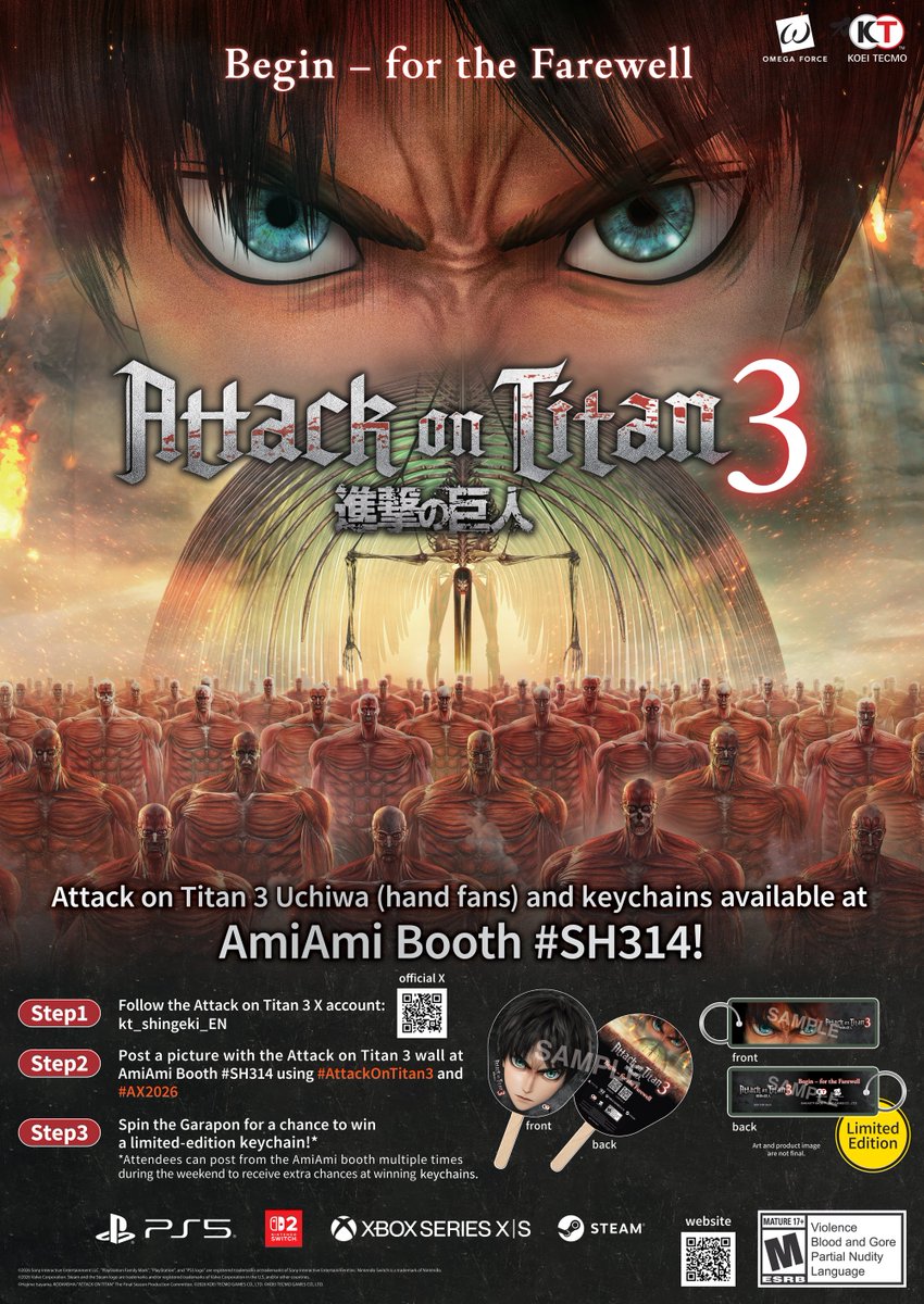 kt_shingeki_EN's tweet photo. Attack on Titan 3 uchiwa (hand fans) and limited-edition keychains available at AmiAmi Booth #SH314 at Anime Expo! 

 #AX2026 #AnimeExpo2026 #AttackOnTitan #AttackOnTitan3 https://t.co/fVLmZd3rwA