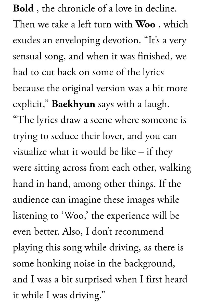 BOXIANx's tweet photo. need to hear the original version of woo cause baekhyun said this:

"its a very sensual song, and when it was finished we had to cut back on some of the lyrics bc the original version was a bit more explicit"
"the lyrics draw a scene where someone is trying to seduce their lover" https://t.co/ZpcxKcHRqo