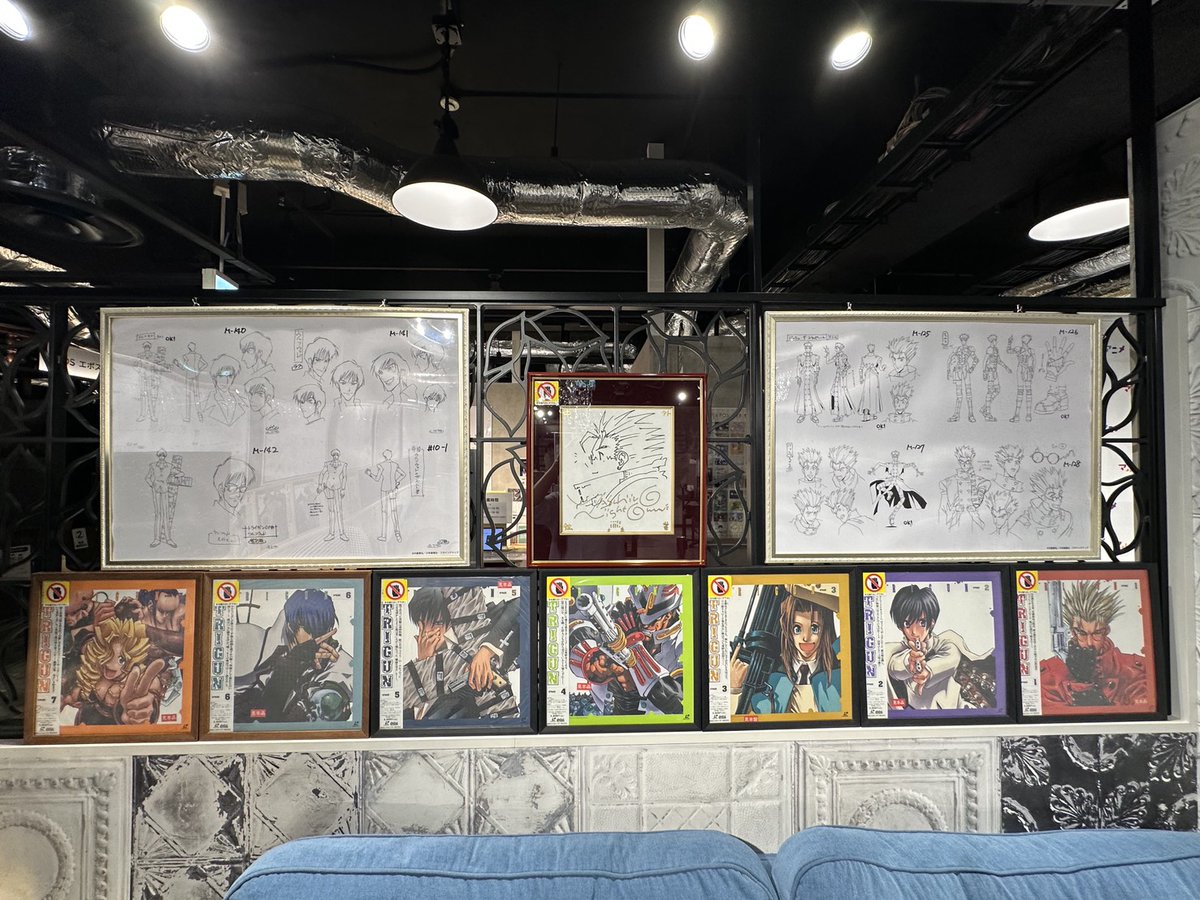 chugai_g_cafe's tweet photo. 内藤泰弘先生監修!!
『#TRIGUN』『#TRIGUN MAXIMAM』『#TVアニメTRIGUN』と #トライガン の歴史を辿る【TRIGUN Legacy Cafe】が、Chugai Grace Café 渋谷店・大阪店にて7月3日(金)～7月26日(日)同時開催中！

渋谷店店内展示のご案内!
内藤泰弘先生直筆サイン色紙や貴重な資料の数々を展示しております。
渋谷店と大阪店では展示内容が異なります。

先着予約受付中です♪
注意事項をご確認の上、ご予約をお願いいたします。

ご予約・詳細はこちら
渋谷店▶https://t.co/MdEoaJRkDr
大阪店▶https://t.co/pg4pNwiQNn
通販はこちら▶https://t.co/Jq0lkZLKTj

#内藤泰弘/YasuhiroNightow #ヤングキングアワーズ
#フライングドッグ