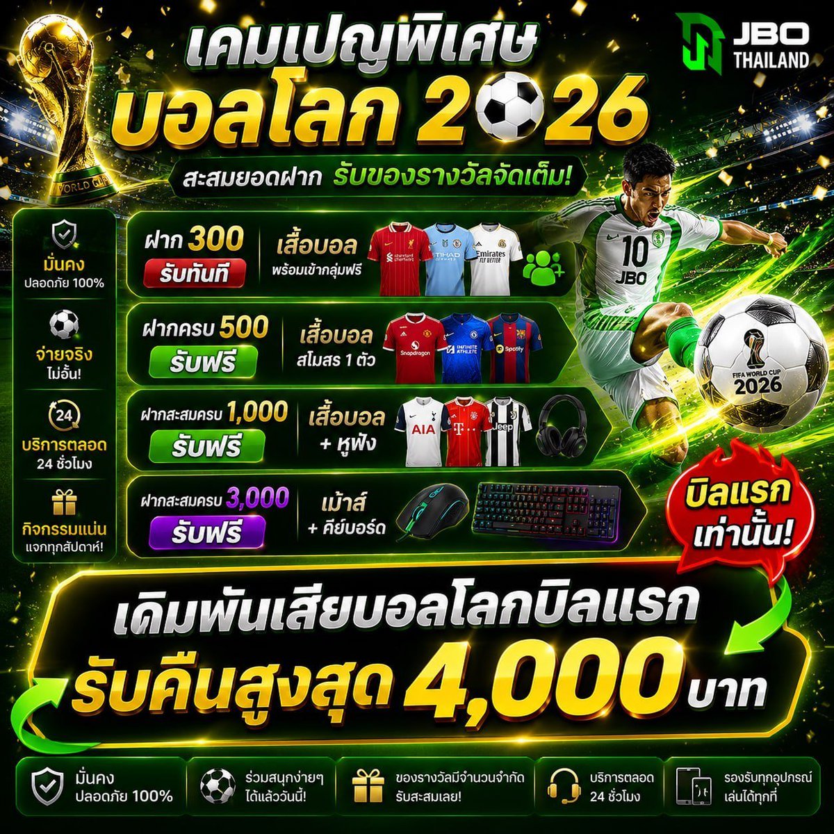 Emeraldkhook's tweet photo. ⚽️ บอลโลก 2026 เดือดทุกแมตช์!

🎁 ฝากเริ่มต้นเพียง 300 บาท รับของรางวัลทันที
👕 สะสมยอดฝาก ลุ้นรับเสื้อบอลและของพรีเมียม
💸 บิลแรกบอลโลก "เสีย" รับคืนสูงสุด 4,000 บาท

สมัครด่วน https://t.co/c8e5ufFXgx 

#บอลโลก2026 #ฟุตบอลโลก #WorldCup2026 #ทีเด็ดบอล #ดูบอล #ฟุตบอล #JBOThailand https://t.co/upYSjSFJF9