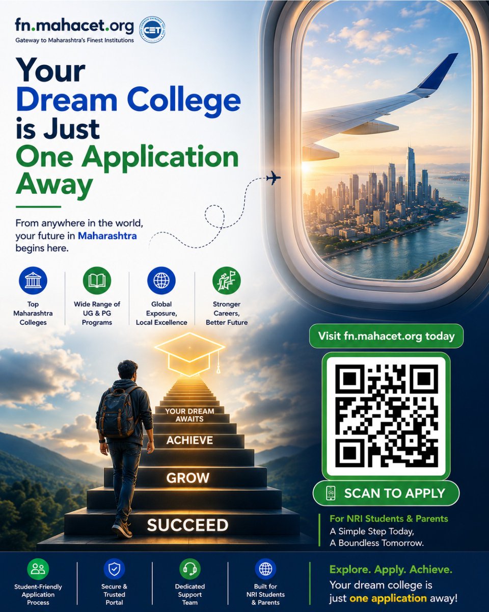 study_in_maha's tweet photo. ✈️ One Application. Endless Possibilities.

Dreaming of studying in Maharashtra? Apply to top colleges with one application.

📲 Scan the QR or visit https://t.co/0CbNL3N3rx

#StudyInMaharashtra #NRIStudents #StudyInIndia #DreamCollege #FNMahacet https://t.co/8bqvrKZ31u