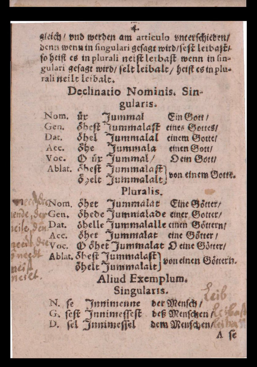 IgnatiusHannula's tweet photo. The first Estonian grammar published in 1637 is very much reflective of the Protestant German mood. The first two examples on noun declension are for “God” and “Man” (really human).

The Germans also only recognized the classical cases as legitimate. Not in Latin = not existing https://t.co/6paGnzTKFt