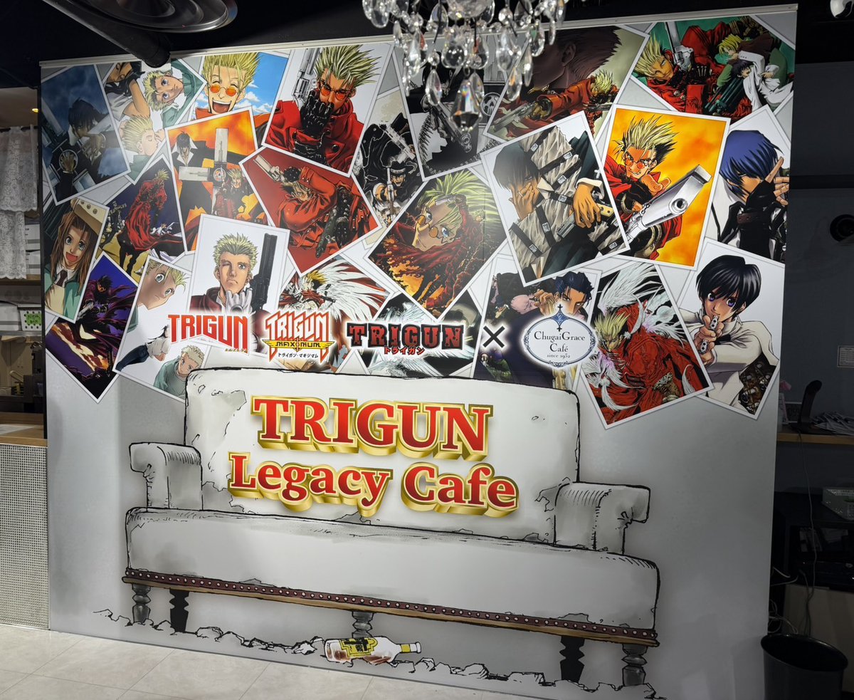 chugai_g_cafe_o's tweet photo. 内藤泰弘先生監修!!
『#TRIGUN』『#TRIGUN MAXIMAM』『#TVアニメTRIGUN』と #トライガン の歴史を辿る【TRIGUN Legacy Cafe】が、Chugai Grace Café 渋谷店・大阪店にて7月3日(金)～7月26日(日)同時開催中！

渋谷店店内展示のご案内!
内藤泰弘先生直筆サイン色紙や貴重な資料の数々を展示しております。
渋谷店と大阪店では展示内容が異なります。

先着予約受付中です♪
注意事項をご確認の上、ご予約をお願いいたします。

ご予約・詳細はこちら
渋谷店▶https://t.co/CZxZdFSk3q
大阪店▶https://t.co/vv9Xqonly7
通販はこちら▶https://t.co/L8xZvvAnMp

#内藤泰弘/YasuhiroNightow #ヤングキングアワーズ
#フライングドッグ