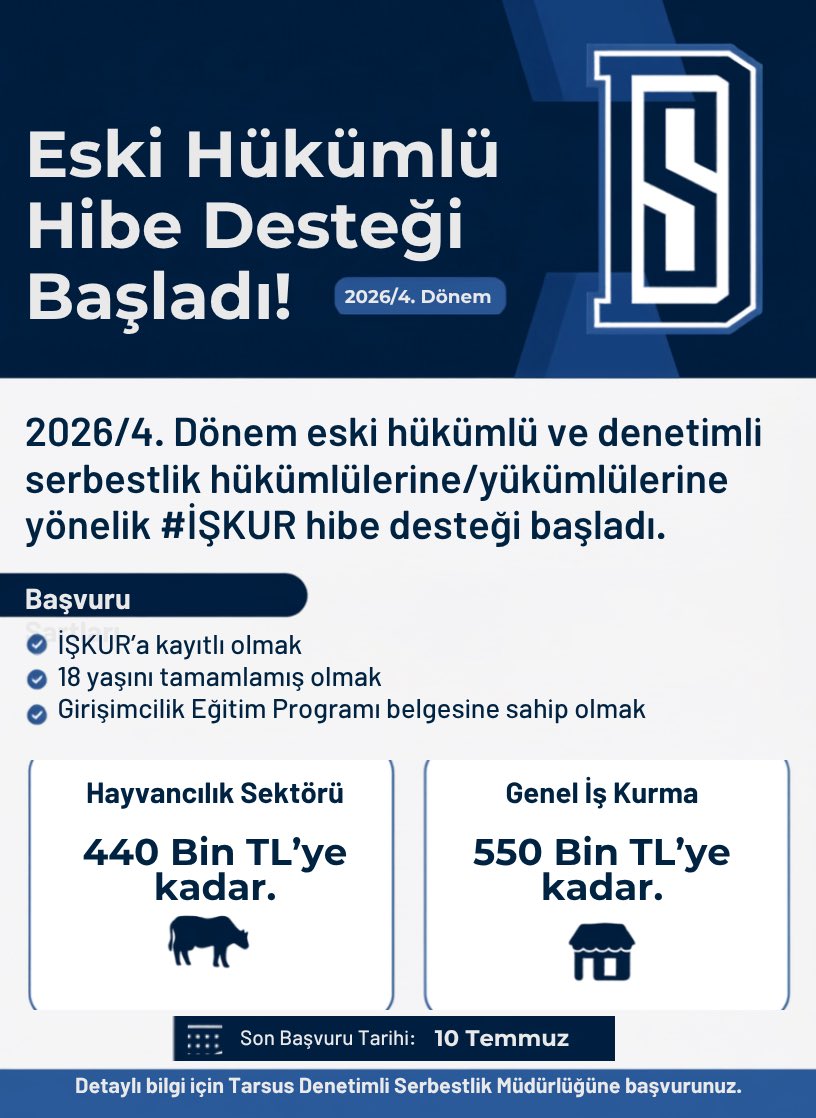 TarsusDSM's tweet photo. 🚨 Eski hükümlü girişimcilere büyük fırsat!

İŞKUR 2026/4 Dönem Hibe Desteği başladı! ✅
• Hayvancılık sektörü: 440.000 TL’ye kadar
• Genel iş kurma: 550.000 TL’ye kadar
18 yaşını dolduran, İŞKUR’a kayıtlı ve Girişimcilik Eğitimi belgesi olan herkes başvurabilir!

Son başvuru: 10 Temmuz
Detay için Tarsus Denetimli Serbestlik Müdürlüğü’ne başvurun.
#İŞKUR #HibeDesteği #YeniBaşlangıç