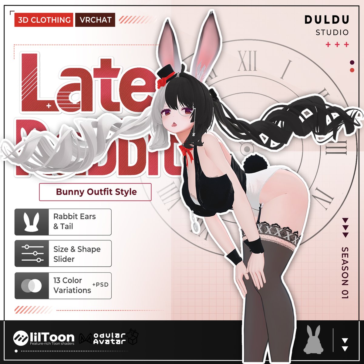 duldustudio's tweet photo. 「遅刻だ、遅刻だ！大切な約束に遅れてしまう！」🐇🕰️

VRChat向け3D衣装
「Late Rabbit」ついに発売しました！

現在対応アバター
Manuka / Milltina / Shinano

※今後、対応アバターを追加予定です。
詳細はBOOTHをご確認ください！

発売記念SALE開催中です🐇
07/03 ～ 07/12

♡ Single Avatar Set
1,400 JPY → 1,200 JPY

♡ Full Pack
2,800 JPY → 2,400 JPY

RTイベントも開催中🎁

この投稿をRT＆Likeしてくださった方の中から
抽選で3名様に
「Late Rabbit Full Pack」をプレゼントします🐇

BOOTH:
https://t.co/rNNRr0IUsM

#VRChat #VRC #VRChat衣装 #3D衣装 #バニー衣装
