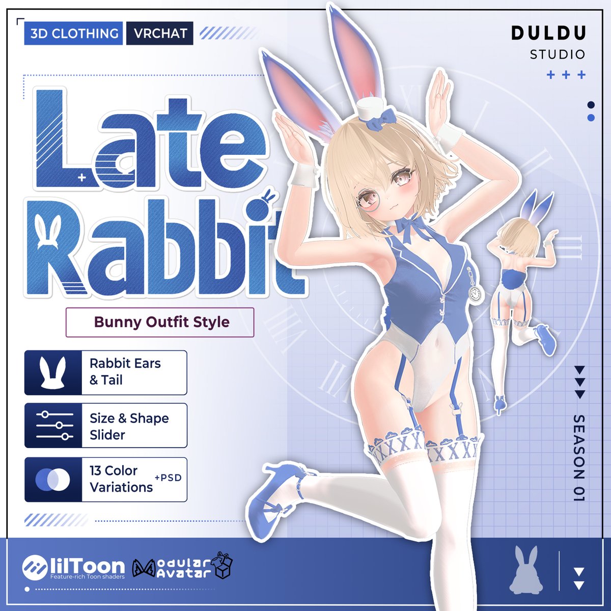 duldustudio's tweet photo. 「遅刻だ、遅刻だ！大切な約束に遅れてしまう！」🐇🕰️

VRChat向け3D衣装
「Late Rabbit」ついに発売しました！

現在対応アバター
Manuka / Milltina / Shinano

※今後、対応アバターを追加予定です。
詳細はBOOTHをご確認ください！

発売記念SALE開催中です🐇
07/03 ～ 07/12

♡ Single Avatar Set
1,400 JPY → 1,200 JPY

♡ Full Pack
2,800 JPY → 2,400 JPY

RTイベントも開催中🎁

この投稿をRT＆Likeしてくださった方の中から
抽選で3名様に
「Late Rabbit Full Pack」をプレゼントします🐇

BOOTH:
https://t.co/rNNRr0IUsM

#VRChat #VRC #VRChat衣装 #3D衣装 #バニー衣装