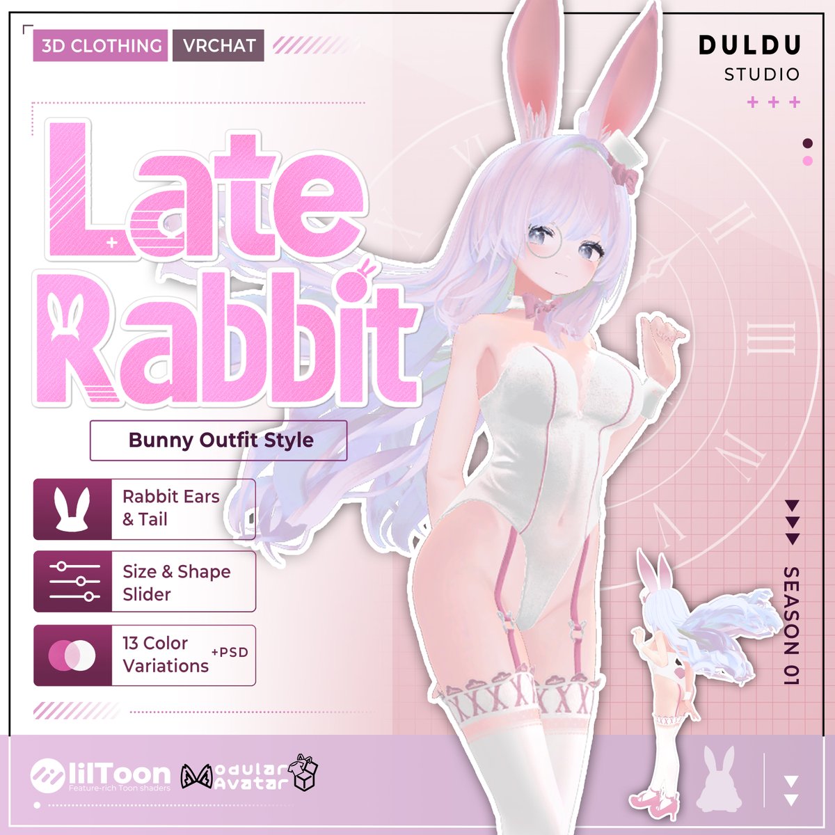 duldustudio's tweet photo. 「遅刻だ、遅刻だ！大切な約束に遅れてしまう！」🐇🕰️

VRChat向け3D衣装
「Late Rabbit」ついに発売しました！

現在対応アバター
Manuka / Milltina / Shinano

※今後、対応アバターを追加予定です。
詳細はBOOTHをご確認ください！

発売記念SALE開催中です🐇
07/03 ～ 07/12

♡ Single Avatar Set
1,400 JPY → 1,200 JPY

♡ Full Pack
2,800 JPY → 2,400 JPY

RTイベントも開催中🎁

この投稿をRT＆Likeしてくださった方の中から
抽選で3名様に
「Late Rabbit Full Pack」をプレゼントします🐇

BOOTH:
https://t.co/rNNRr0IUsM

#VRChat #VRC #VRChat衣装 #3D衣装 #バニー衣装