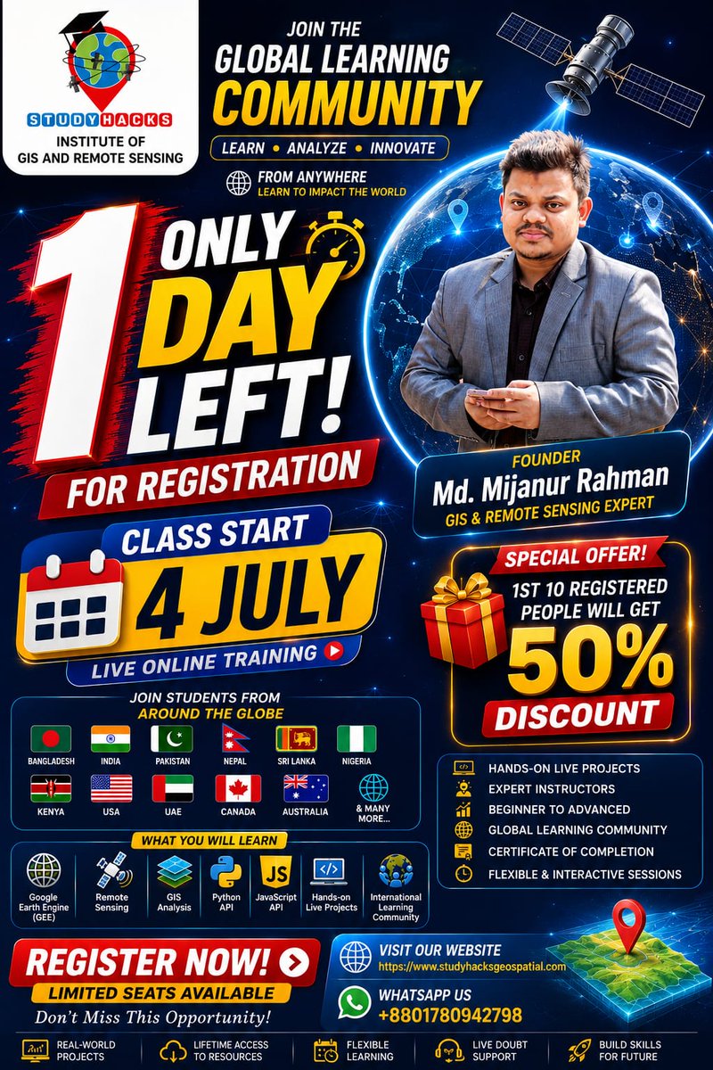 GISRSStudyHacks's tweet photo. Registration link: https://t.co/O4AcVIerFn
For Registration, contact this Email: rmijanur10266@gmail.com
Or WhatsApp 24/7: https://t.co/I8as5IWsv2
#googleearthengine #remotesensing #GIS #GeoAI #geospatial #training #EarthObservation https://t.co/YbAcYAMgof