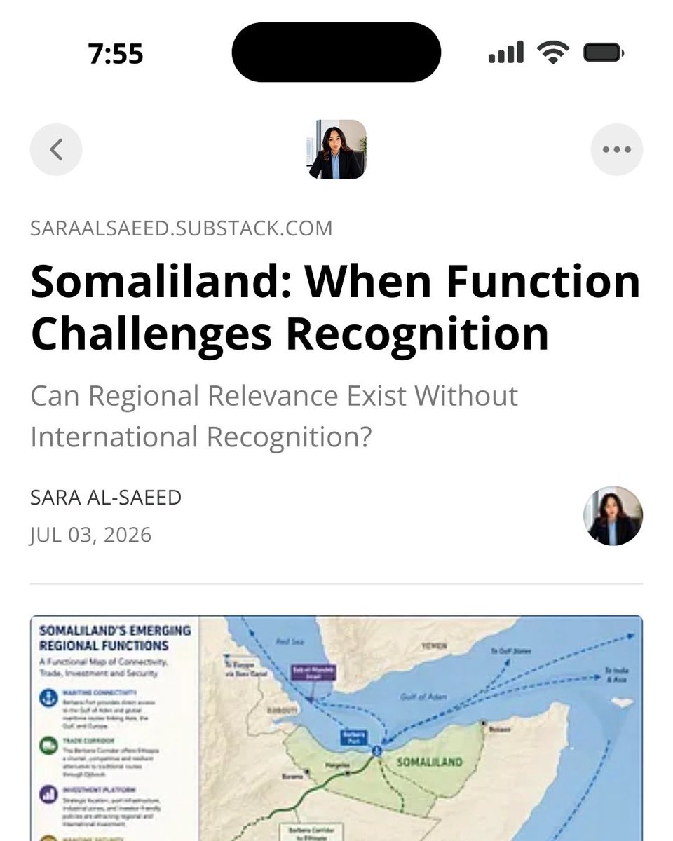 saraalsaeed91's tweet photo. International recognition has long been treated as the gateway to #geopolitical influence. But what if function increasingly matters as much as formal status? My latest article introduces the concept of Functional Relevance and examines #Somaliland as a case study in how regional influence may develop independently of widespread international recognition. Read the full analysis below. https://t.co/Mgp6T0u3Xu