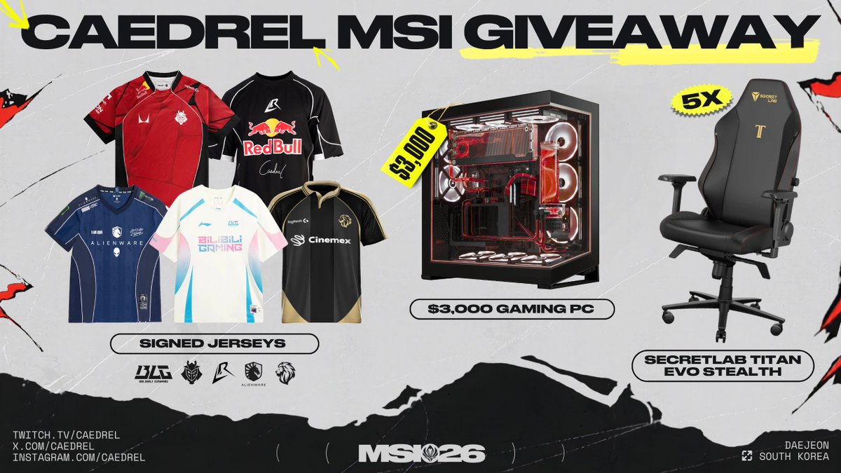Caedrel's tweet photo. 🏆CAEDREL MSI GIVEAWAY 2026🏆

13 PRIZES FROM SIGNED JERSEYS, TO SECRETLAB CHAIRS TO A $3000 PC

🌐Worldwide🌐

CLICK THE LINK BELOW TO ENTER SUPER EASY JUST FOLLOW THE STEPSSSSSSSS

https://t.co/YWYrV2gOVb https://t.co/AMg79dqz9o