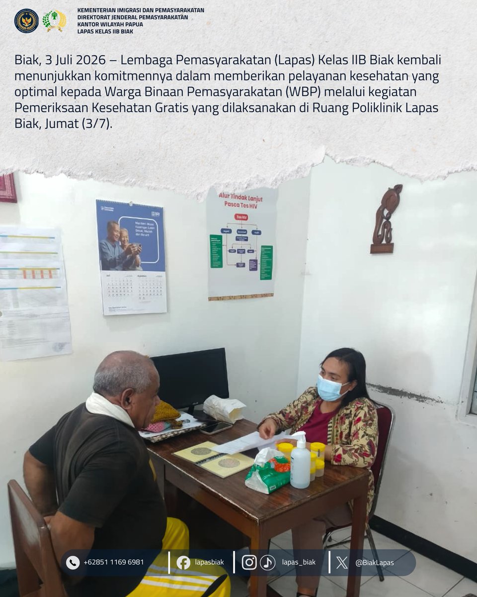 BiakLapas's tweet photo. Lapas Biak Gelar Pemeriksaan Kesehatan Gratis bagi Warga Binaan
Selengkapnya : https://t.co/rbTa8nJbOm
#kemenimipas
#guardandguide
#infoimipas
#pemasyarakatan
#pastibermanfaat
#LapasBiak
#PastiTRITON
#FaniAndika https://t.co/7ZZLO6064Q