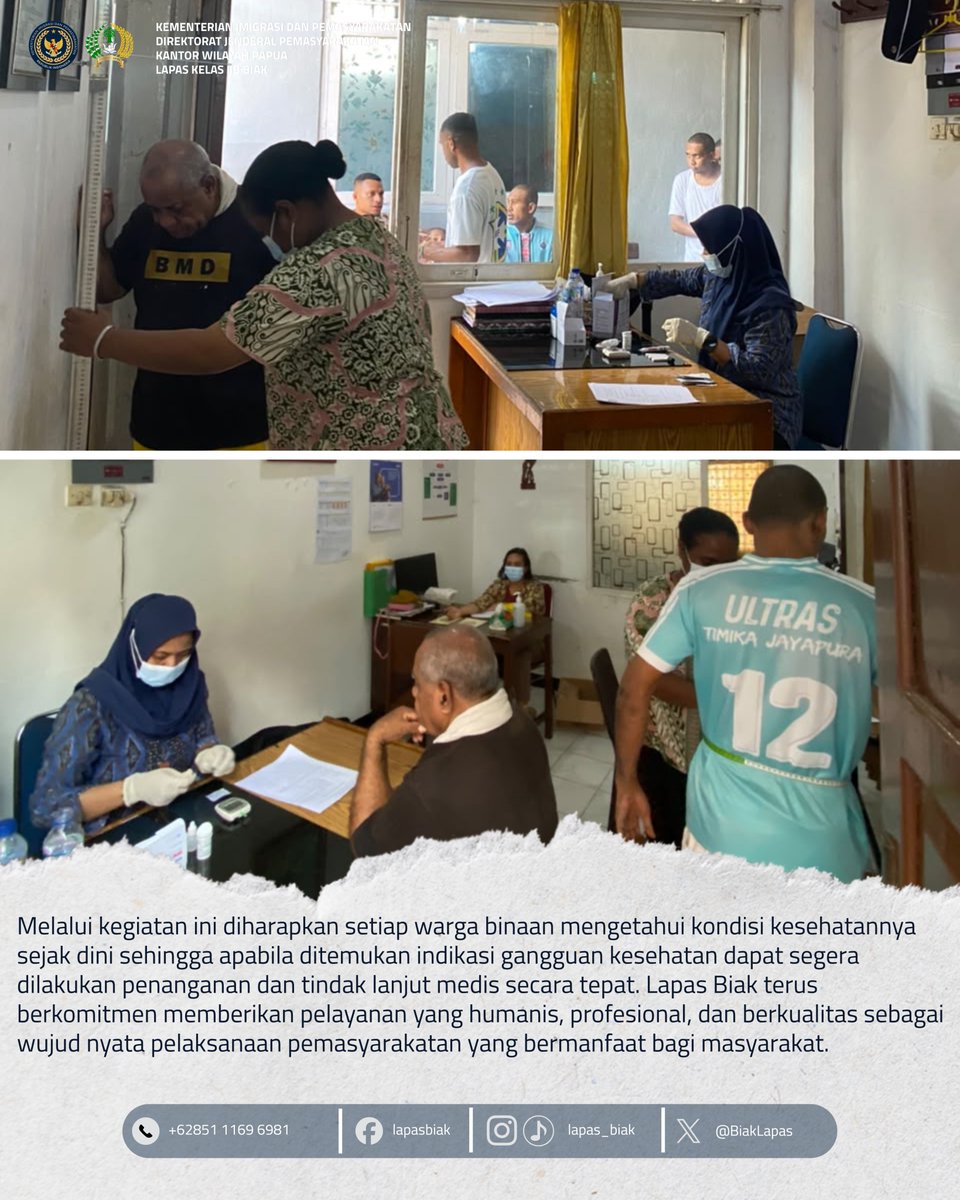 BiakLapas's tweet photo. Lapas Biak Gelar Pemeriksaan Kesehatan Gratis bagi Warga Binaan
Selengkapnya : https://t.co/rbTa8nJbOm
#kemenimipas
#guardandguide
#infoimipas
#pemasyarakatan
#pastibermanfaat
#LapasBiak
#PastiTRITON
#FaniAndika https://t.co/7ZZLO6064Q